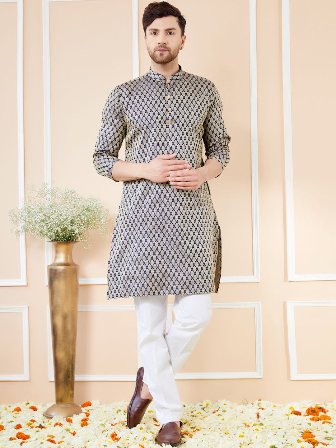 See Designs Ethnic Motifs Printed Mandarin Collar Jacquard Silk Straight Kurta, Navy blue
See Designs Ethnic Motifs Printed Mandarin Collar Jacquard Silk Straight Kurta, Navy blue