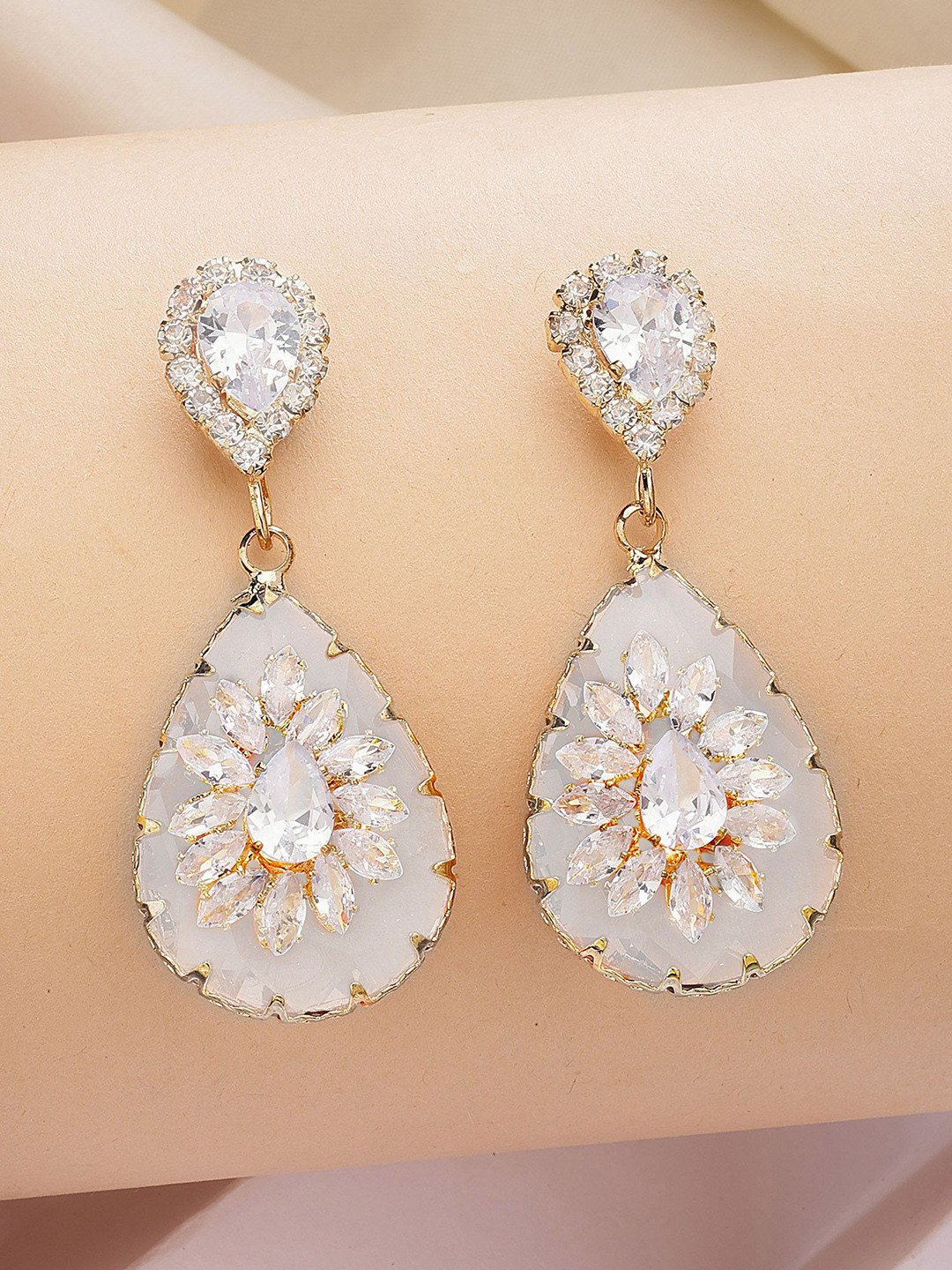 Bohey by KARATCART Gold-Plated Contemporary Rhinestone Studded Drop Earrings, White 
Bohey by KARATCART Gold-Plated Contemporary Rhinestone Studded Drop Earrings, White