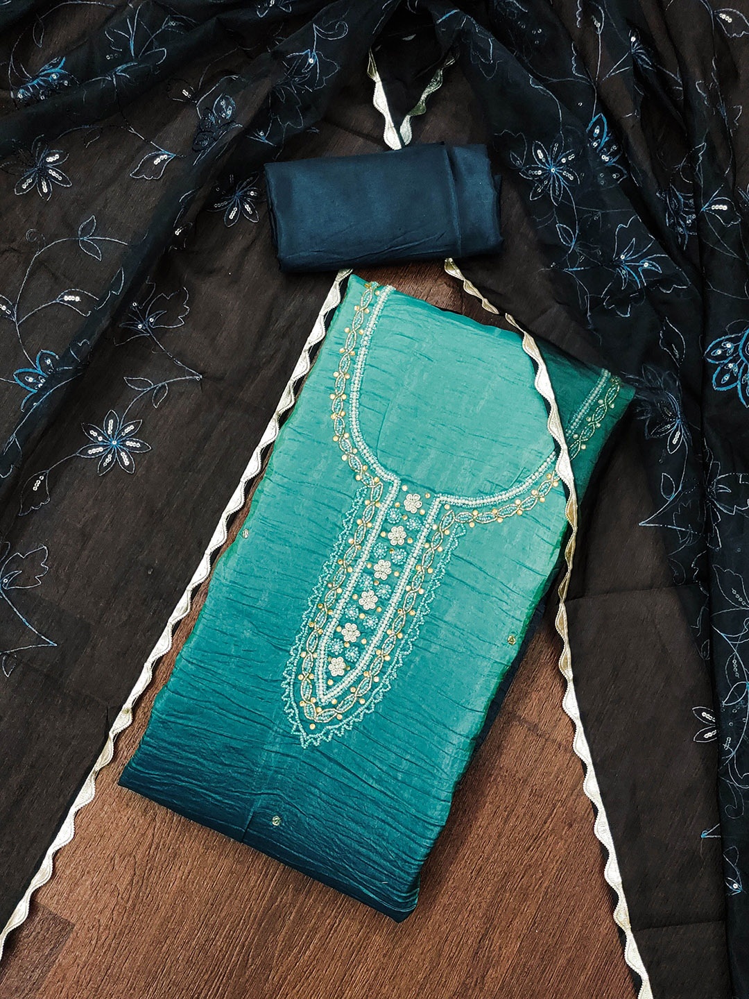 MANVAA Floral Embellished Beads and Stones Unstitched Dress Material, Turquoise blue
MANVAA Floral Embellished Beads and Stones Unstitched Dress Material, Turquoise blue