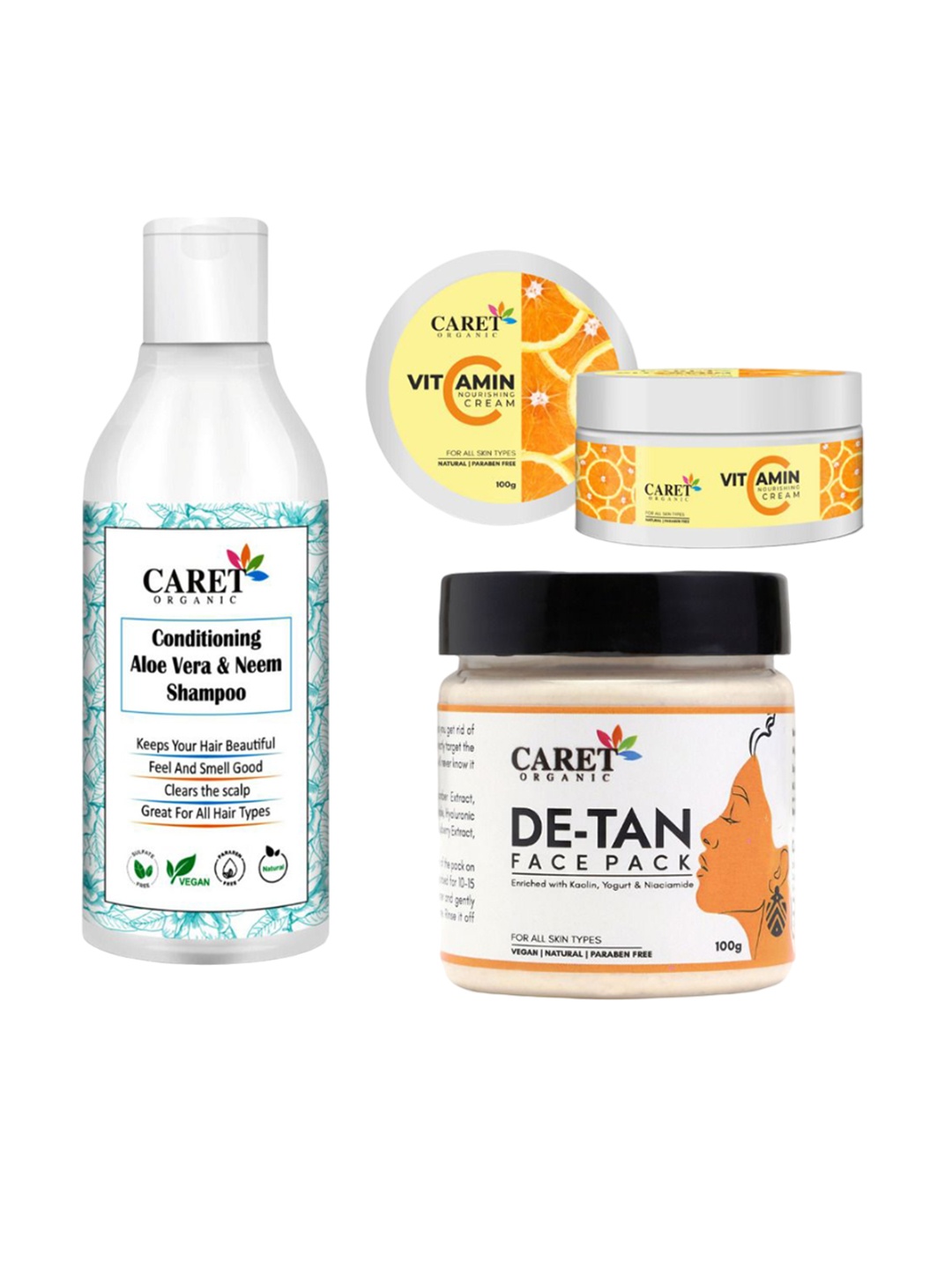 CARET ORGANIC Set Of 3 Aloevera & Neem Shampoo , De-Tan Face Pack & Nourishing Cream, White
CARET ORGANIC Set Of 3 Aloevera & Neem Shampoo , De-Tan Face Pack & Nourishing Cream, White