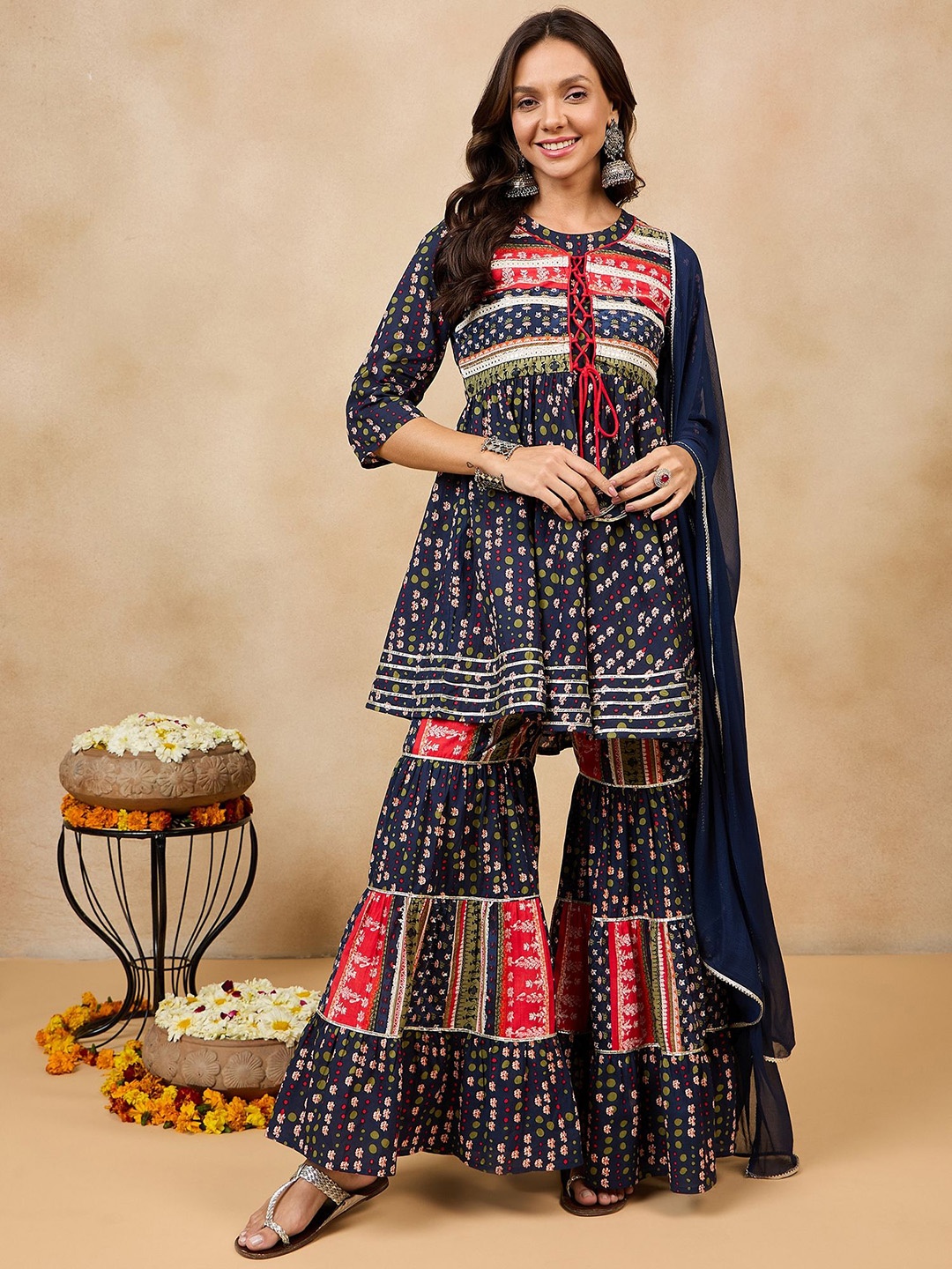 WineRed Ethnic Motifs Printed Pure Cotton A-Line Kurti With Sharara & Dupatta, Blue
WineRed Ethnic Motifs Printed Pure Cotton A-Line Kurti With Sharara & Dupatta, Blue