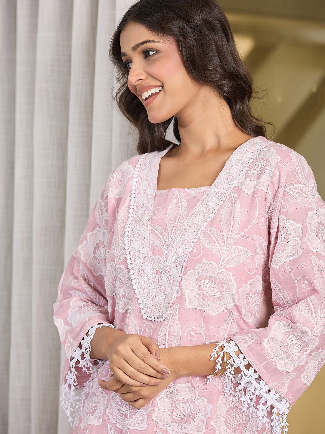Indo Era Floral Embroidered Thread Work A-Line Pure Cotton Kurta With Trousers, Pink
Indo Era Floral Embroidered Thread Work A-Line Pure Cotton Kurta With Trousers, Pink