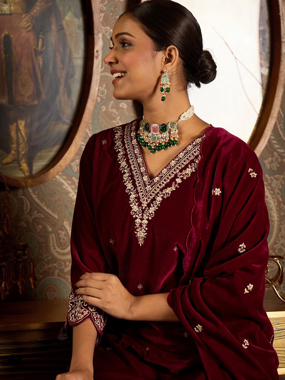 Indo Era Ethnic Motifs Embroidered Thread Work Velvet Kurta with Trouser & Dupatta, Burgundy
Indo Era Ethnic Motifs Embroidered Thread Work Velvet Kurta with Trouser & Dupatta, Burgundy