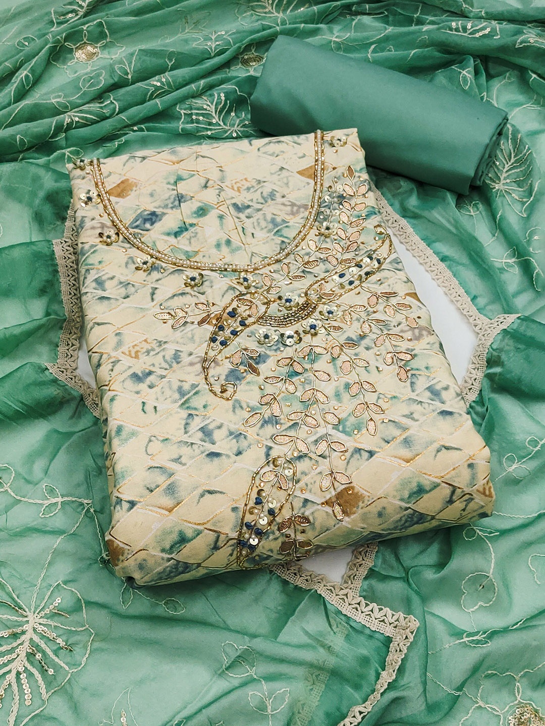 MANVAA Floral Printed Beads and Stones Jam Cotton Unstitched Dress Material, Sea green
MANVAA Floral Printed Beads and Stones Jam Cotton Unstitched Dress Material, Sea green
