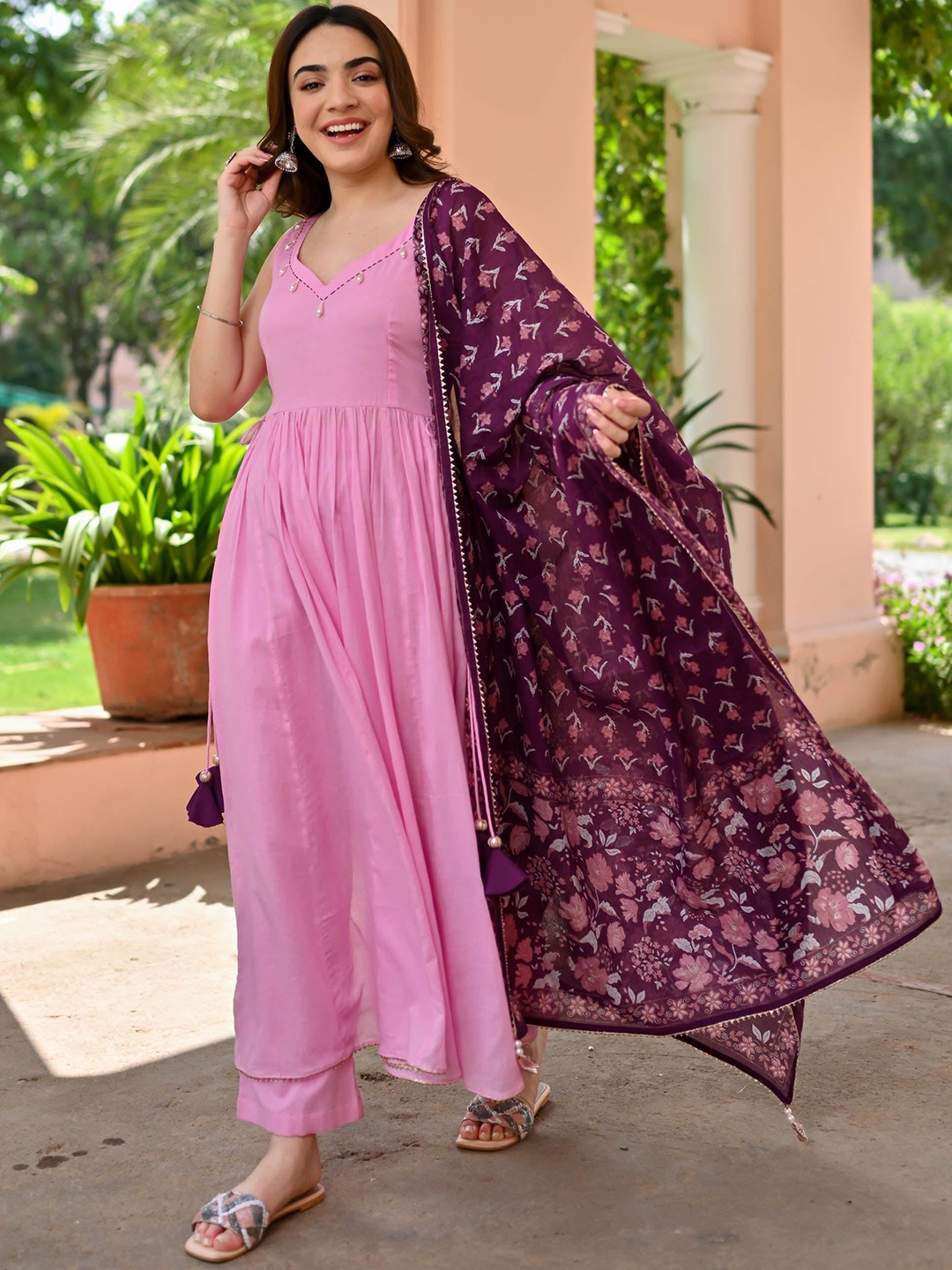 Bunaai Sweetheart Neck Gotta Patti Cotton Anarkali Kurta with Pyjamas & Dupatta, Pink
Bunaai Sweetheart Neck Gotta Patti Cotton Anarkali Kurta with Pyjamas & Dupatta, Pink