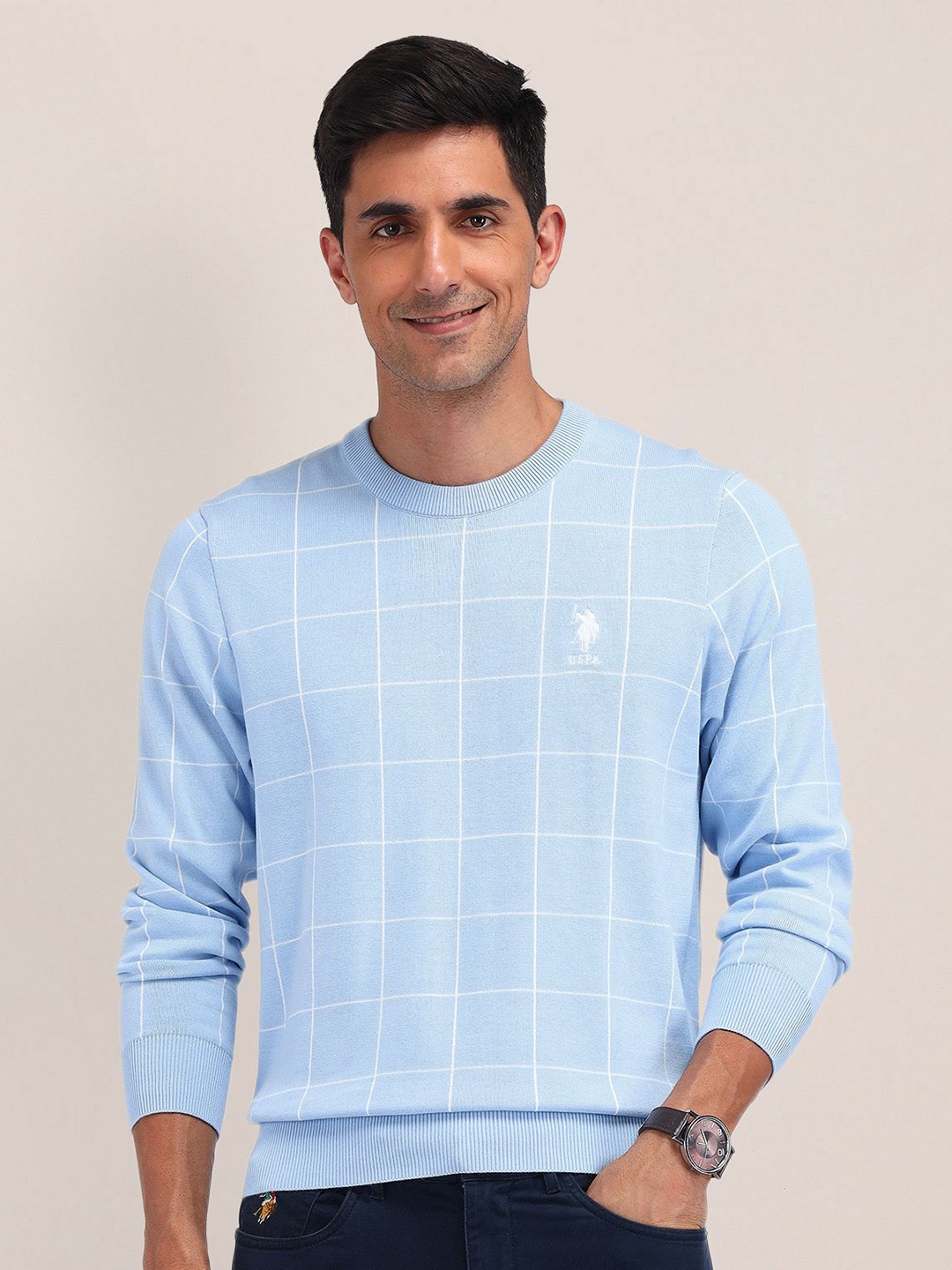 U.S. Polo Assn. Men Checked Pure Cotton Round Neck Long Sleeves Pullover Sweater, Blue
U.S. Polo Assn. Men Checked Pure Cotton Round Neck Long Sleeves Pullover Sweater, Blue