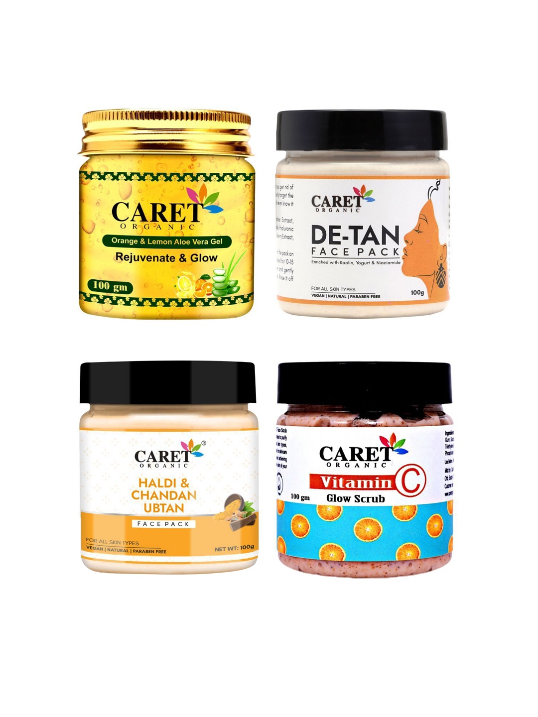 CARET ORGANIC Set Of De-Tan Face Pack, Aloevera Gel, Haldi Chandan Ubtan & Vitamin C Scrub, White
CARET ORGANIC Set Of De-Tan Face Pack, Aloevera Gel, Haldi Chandan Ubtan & Vitamin C Scrub, White