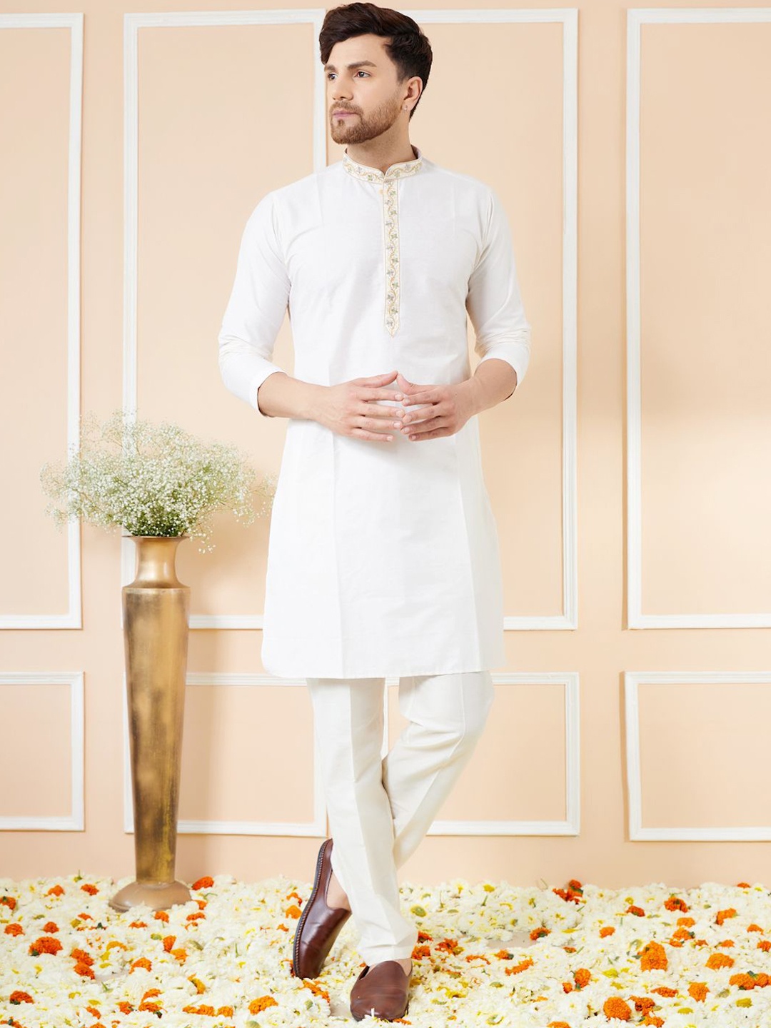 See Designs Mandarin Collar Long Sleeves Regular Thread Work Pure Cotton Kurta With Pyjama, Cream
See Designs Mandarin Collar Long Sleeves Regular Thread Work Pure Cotton Kurta With Pyjama, Cream