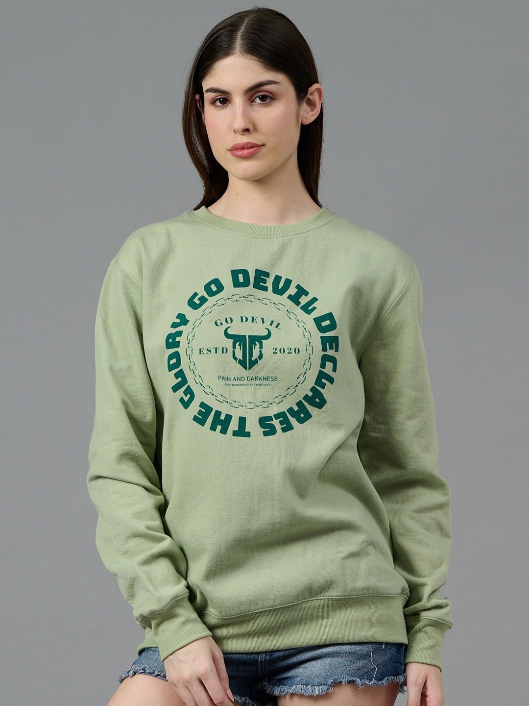 GO DEVIL Women Brand Logo Printed Woollen Oversized Round Neck Long Sleeves Sweatshirt, Green
GO DEVIL Women Brand Logo Printed Woollen Oversized Round Neck Long Sleeves Sweatshirt, Green