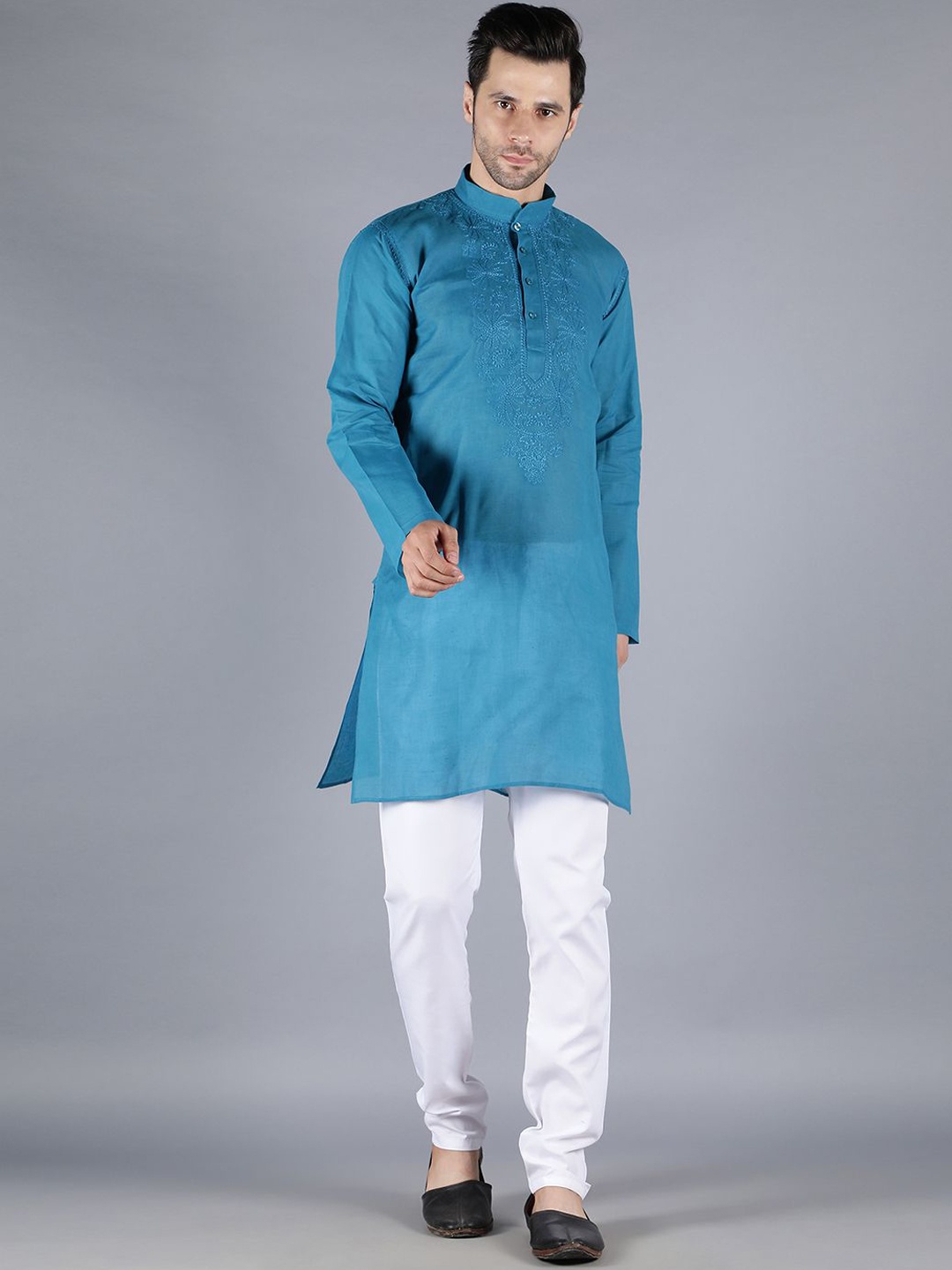 Seva Chikan Floral Embroidered Mandarin Collar Long Sleeves Pure Cotton Straight Kurta, Blue
Seva Chikan Floral Embroidered Mandarin Collar Long Sleeves Pure Cotton Straight Kurta, Blue