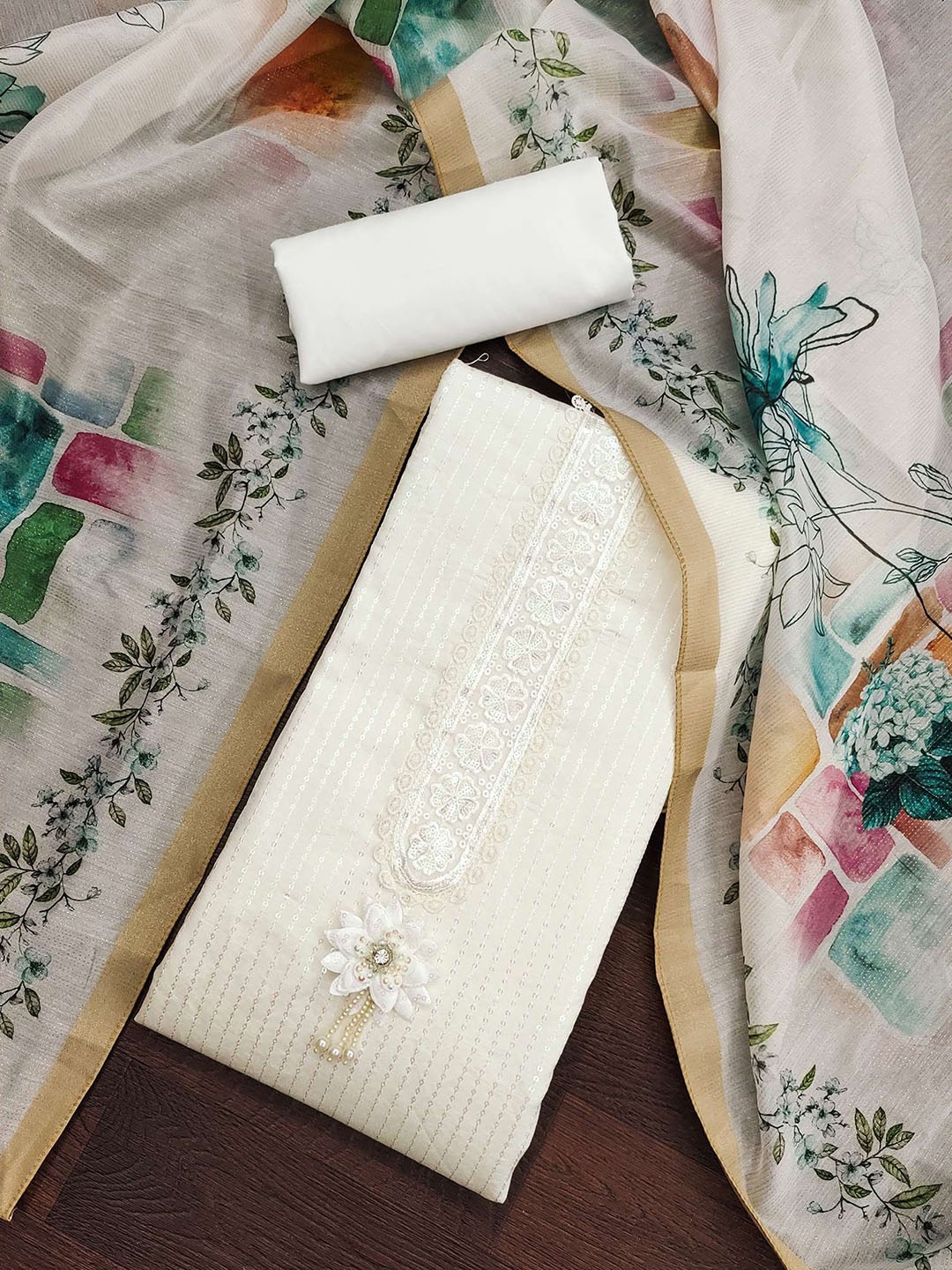 Peachmode Floral Embroidered Beads and Stones Cotton Silk Unstitched Dress Material, White
Peachmode Floral Embroidered Beads and Stones Cotton Silk Unstitched Dress Material, White