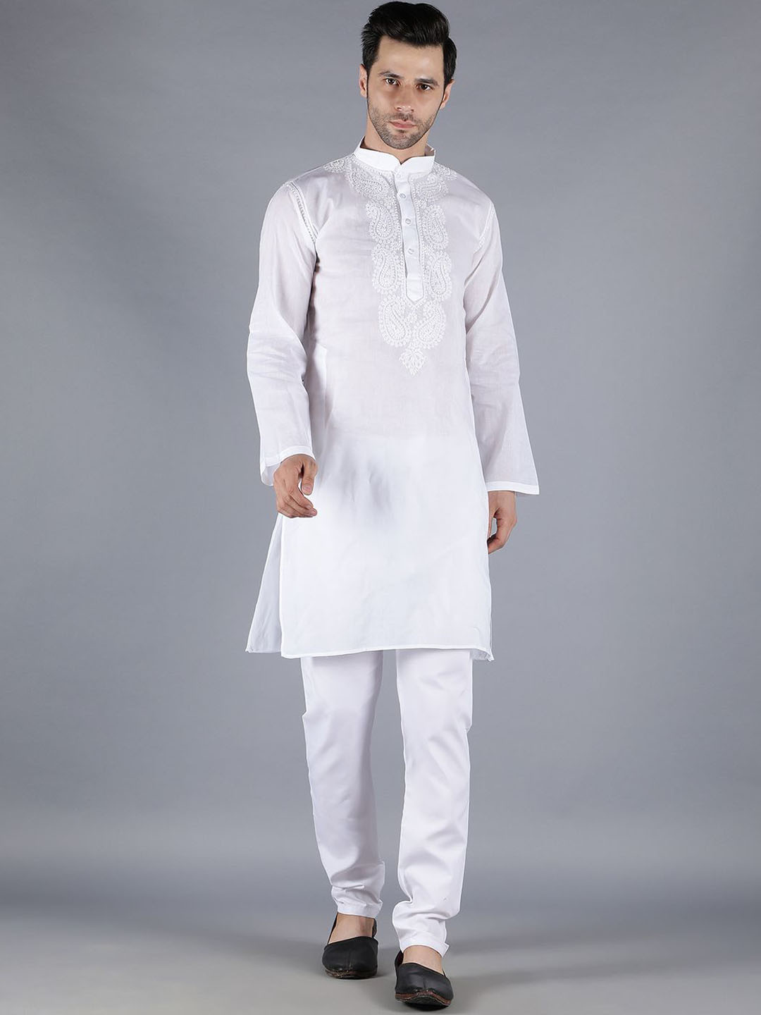 Seva Chikan Paisley Embroidered Mandarin Collar Long Sleeves Pure Cotton Straight Kurta, White 
Seva Chikan Paisley Embroidered Mandarin Collar Long Sleeves Pure Cotton Straight Kurta, White