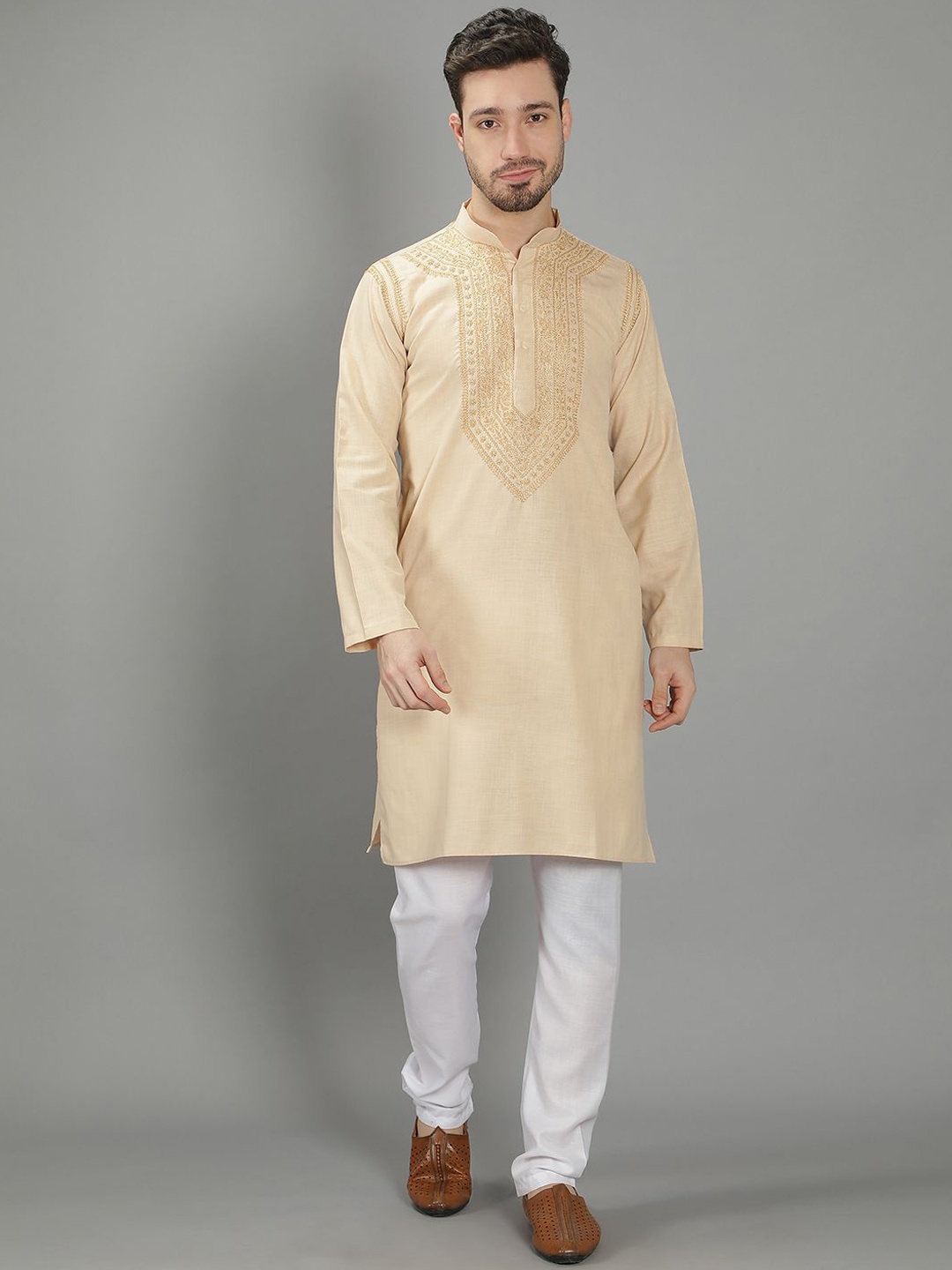 Seva Chikan Floral Embroidered Mandarin Collar Long Sleeves Pure Cotton Straight Kurta, Beige
Seva Chikan Floral Embroidered Mandarin Collar Long Sleeves Pure Cotton Straight Kurta, Beige