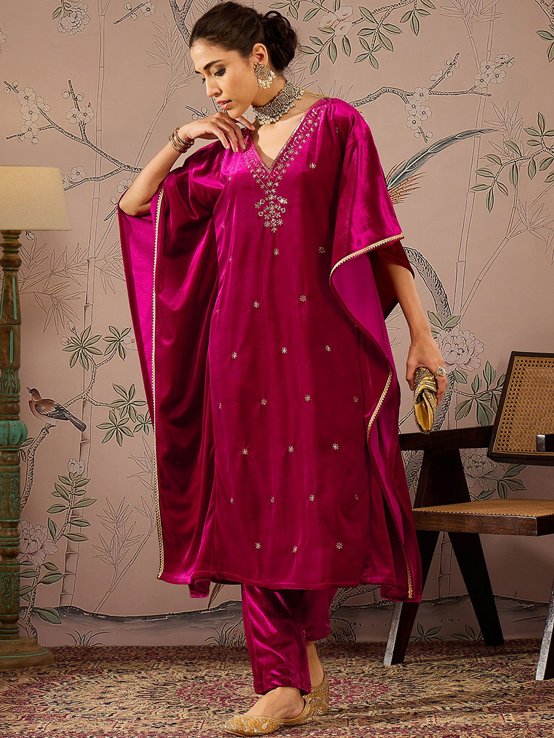 Shae by SASSAFRAS Floral Embroidered Thread Work Velvet Kaftan Kurta With Trousers, Fuchsia
Shae by SASSAFRAS Floral Embroidered Thread Work Velvet Kaftan Kurta With Trousers, Fuchsia