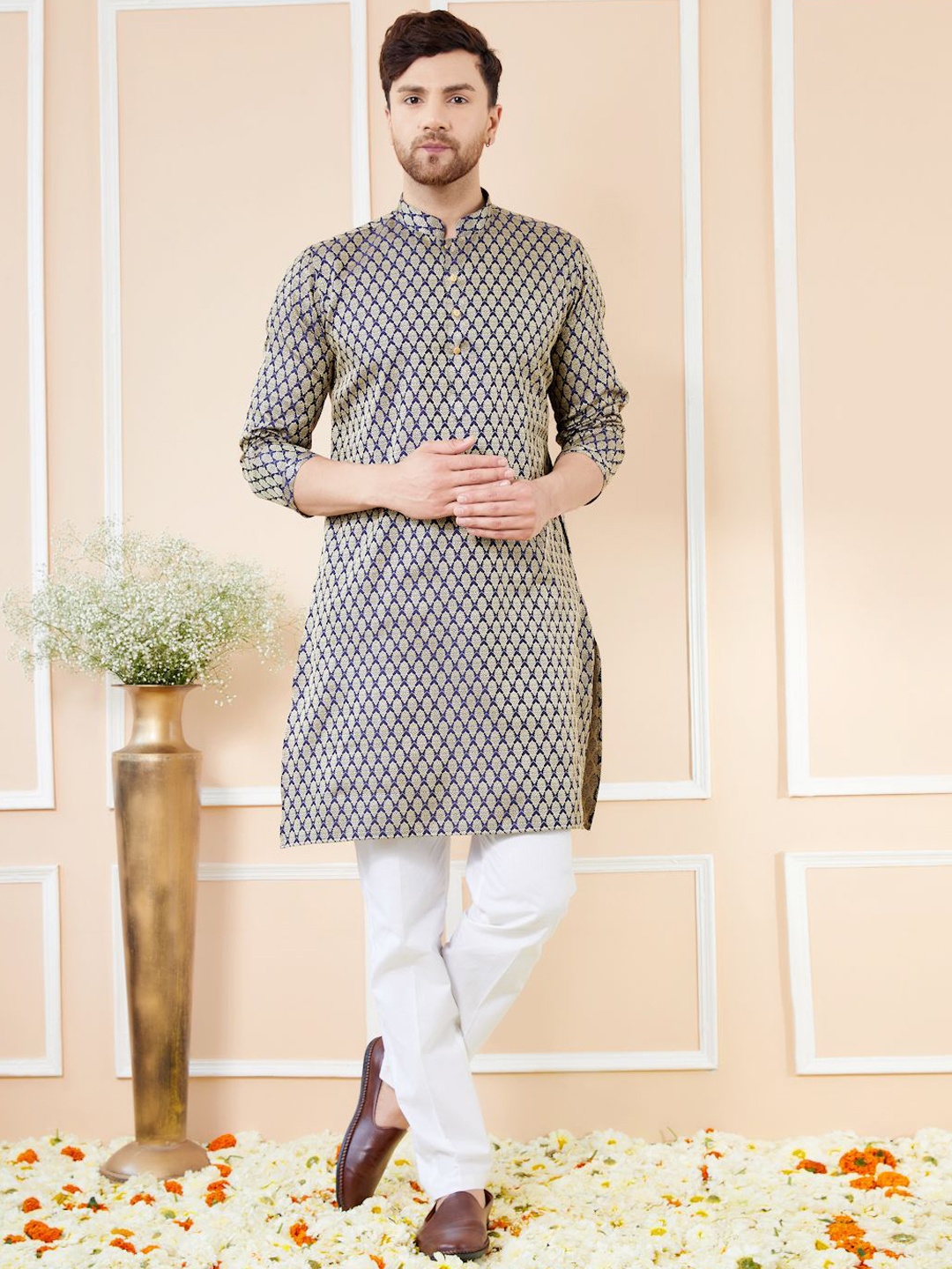 See Designs Ethnic Motifs Woven Design Long Sleeves Regular Straight Kurta & Pyjama, Navy blue
See Designs Ethnic Motifs Woven Design Long Sleeves Regular Straight Kurta & Pyjama, Navy blue