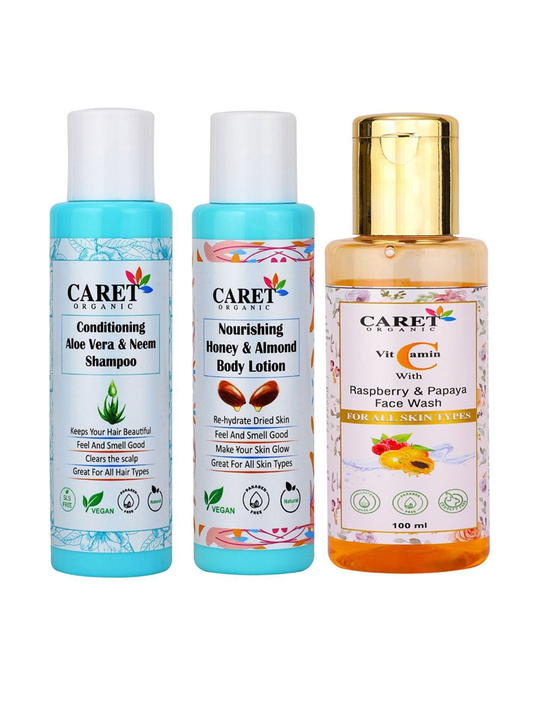 CARET ORGANIC Set of 3 Shampoo, Nourishing Body Lotion & Face Wash - 100ml Each, White
CARET ORGANIC Set of 3 Shampoo, Nourishing Body Lotion & Face Wash - 100ml Each, White