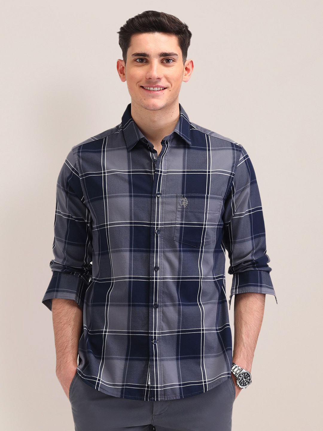 U.S. Polo Assn. Men Classic Spread Collar Checks Printed Cotton Tailored Fit Casual Shirt, Navy blue
U.S. Polo Assn. Men Classic Spread Collar Checks Printed Cotton Tailored Fit Casual Shirt, Navy blue