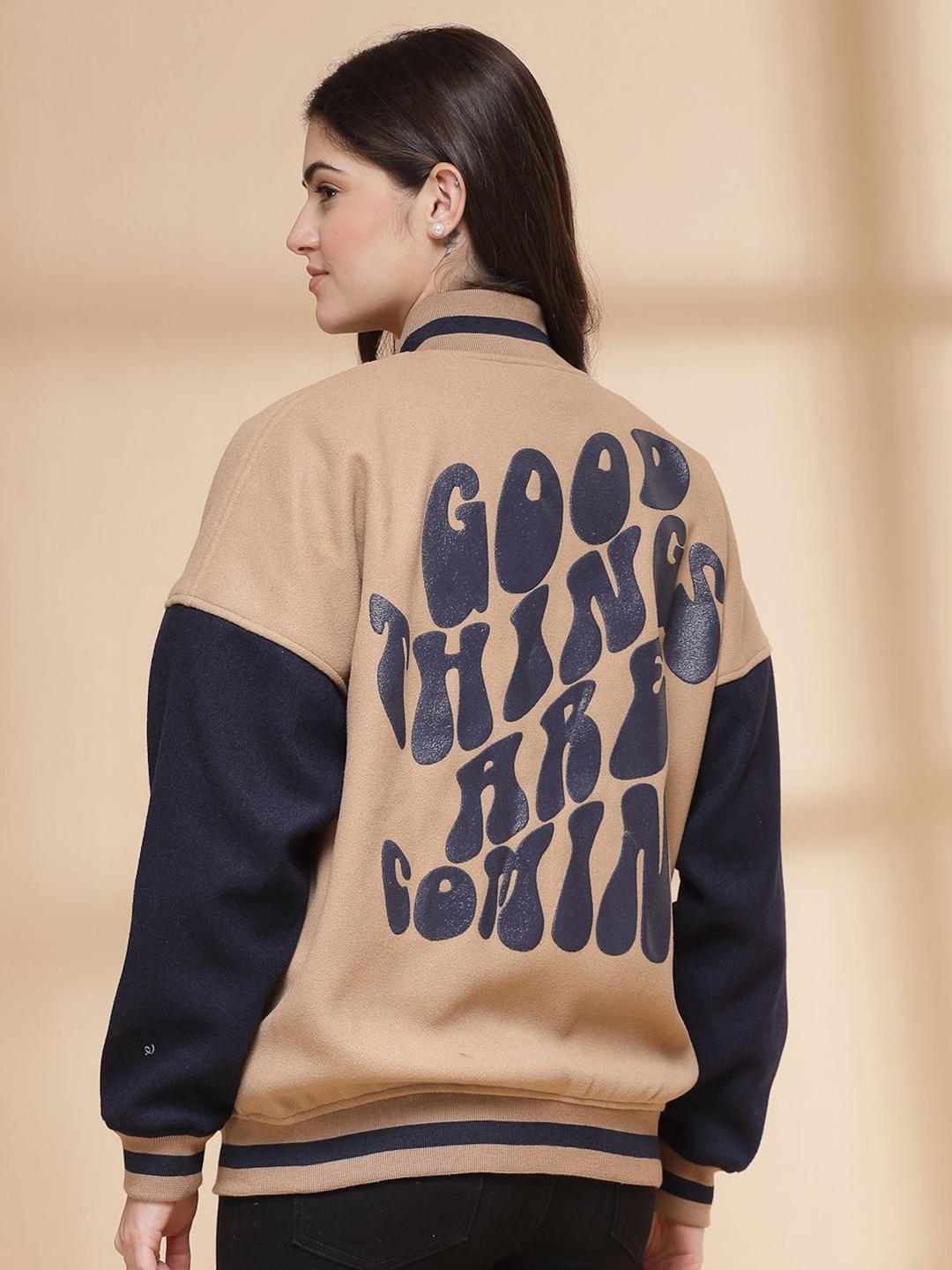 CHKOKKO Women Stand Collar Typography Printed Fleece Casual Varsity Jacket, Beige
CHKOKKO Women Stand Collar Typography Printed Fleece Casual Varsity Jacket, Beige