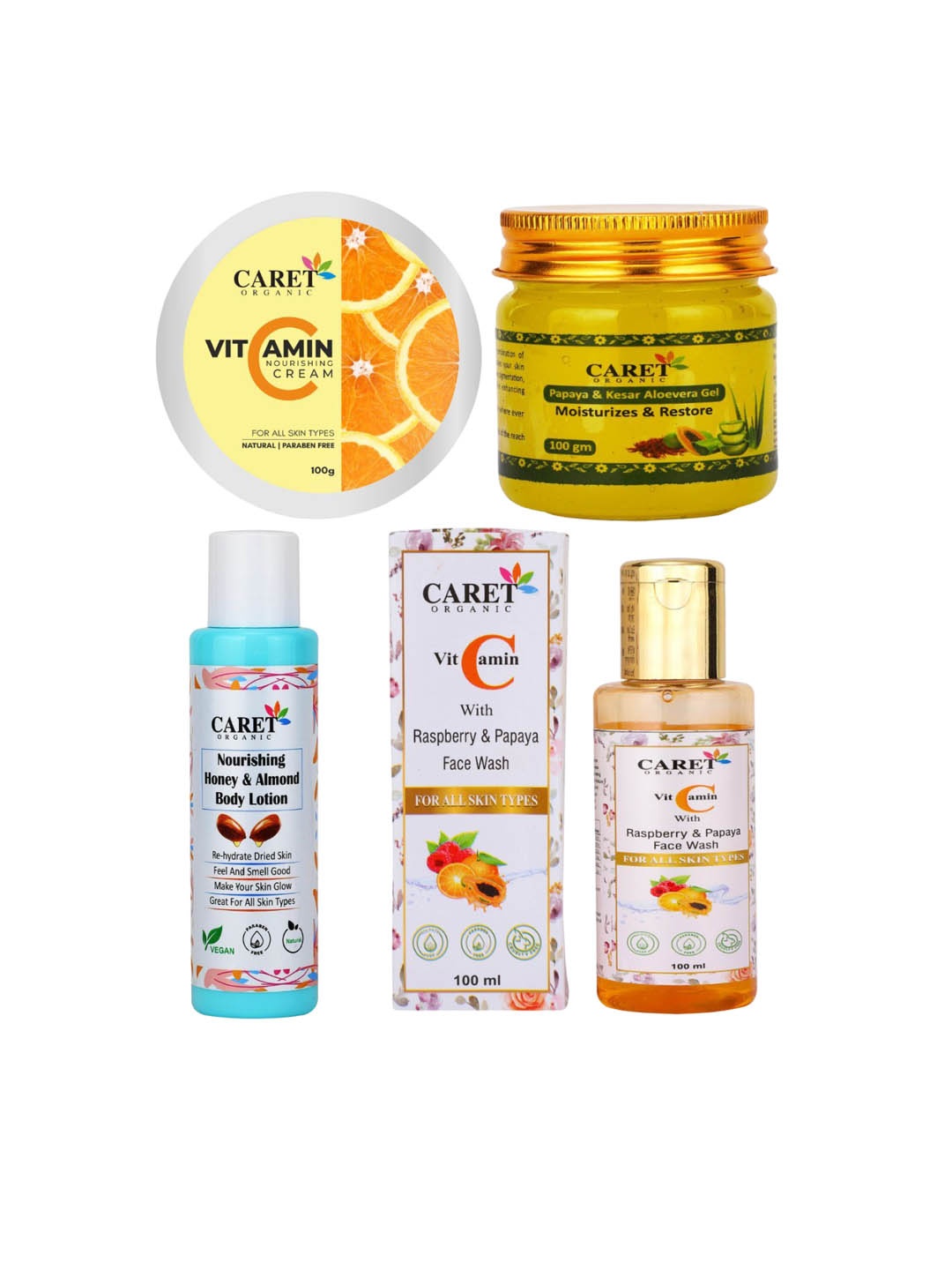 CARET ORGANIC Set Of 4 Nourishing Cream, Gel-100g Each, Body Lotion & Face Wash-100ml Each, White
CARET ORGANIC Set Of 4 Nourishing Cream, Gel-100g Each, Body Lotion & Face Wash-100ml Each, White