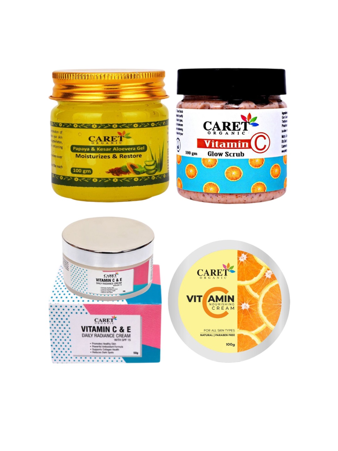 CARET ORGANIC Set Of 4 Aloevera Gel + Vit C Cream + Vit C Scrub + Vit C E Daily Cream, Multi
CARET ORGANIC Set Of 4 Aloevera Gel + Vit C Cream + Vit C Scrub + Vit C E Daily Cream, Multi