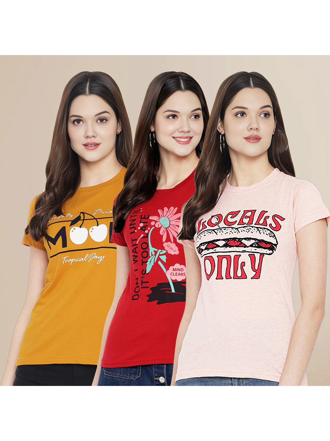 Metronaut Women Pack Of 3 Typography Printed Round Neck Cotton T-shirts, Mustard 
Metronaut Women Pack Of 3 Typography Printed Round Neck Cotton T-shirts, Mustard