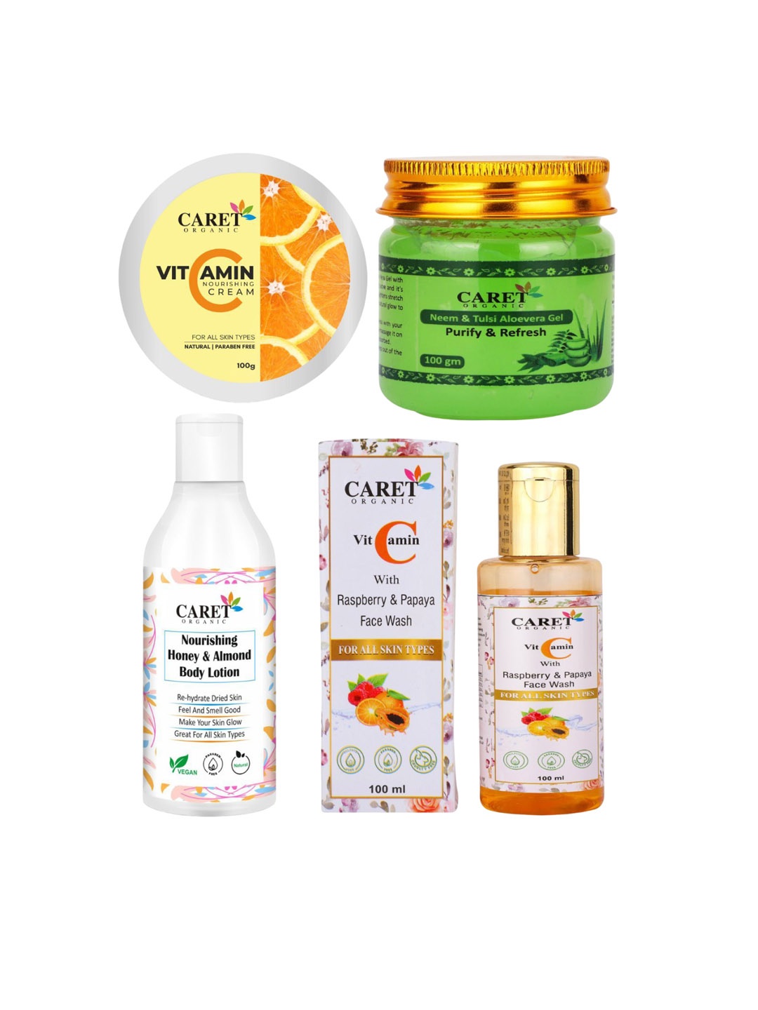 CARET ORGANIC Set of 4 Nourishing Cream, Honey Body Lotion, Vitamin C Face Wash & Gel, White
CARET ORGANIC Set of 4 Nourishing Cream, Honey Body Lotion, Vitamin C Face Wash & Gel, White