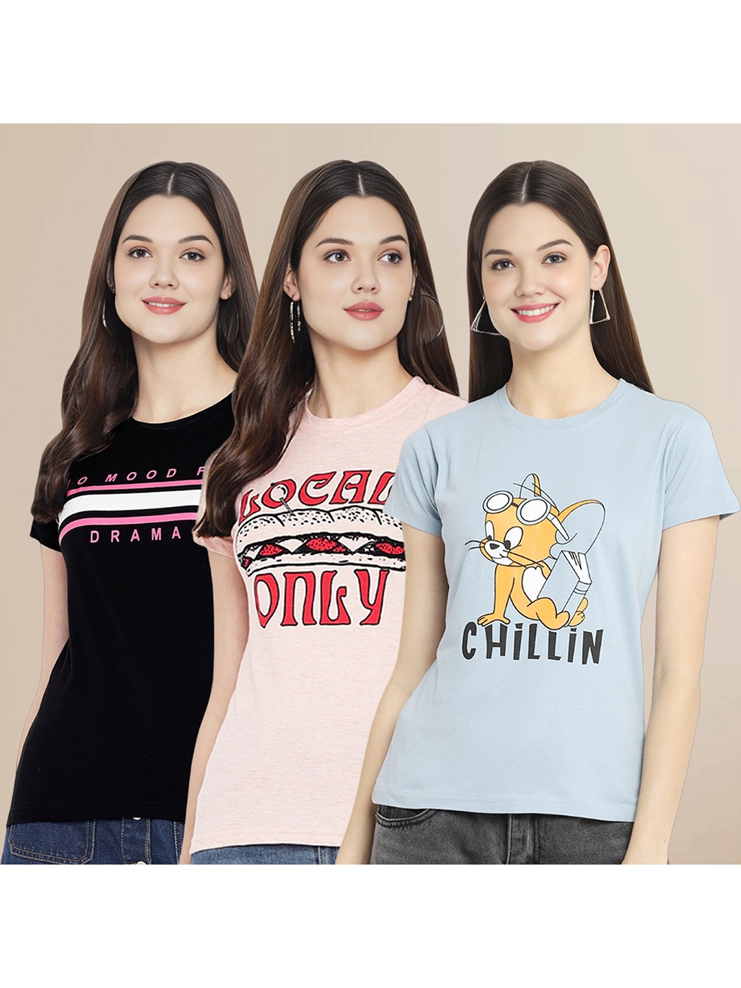 Metronaut Women Pack Of 3 Typography Printed Round Neck Cotton Tom & Jerry T-shirts, Black
Metronaut Women Pack Of 3 Typography Printed Round Neck Cotton Tom & Jerry T-shirts, Black