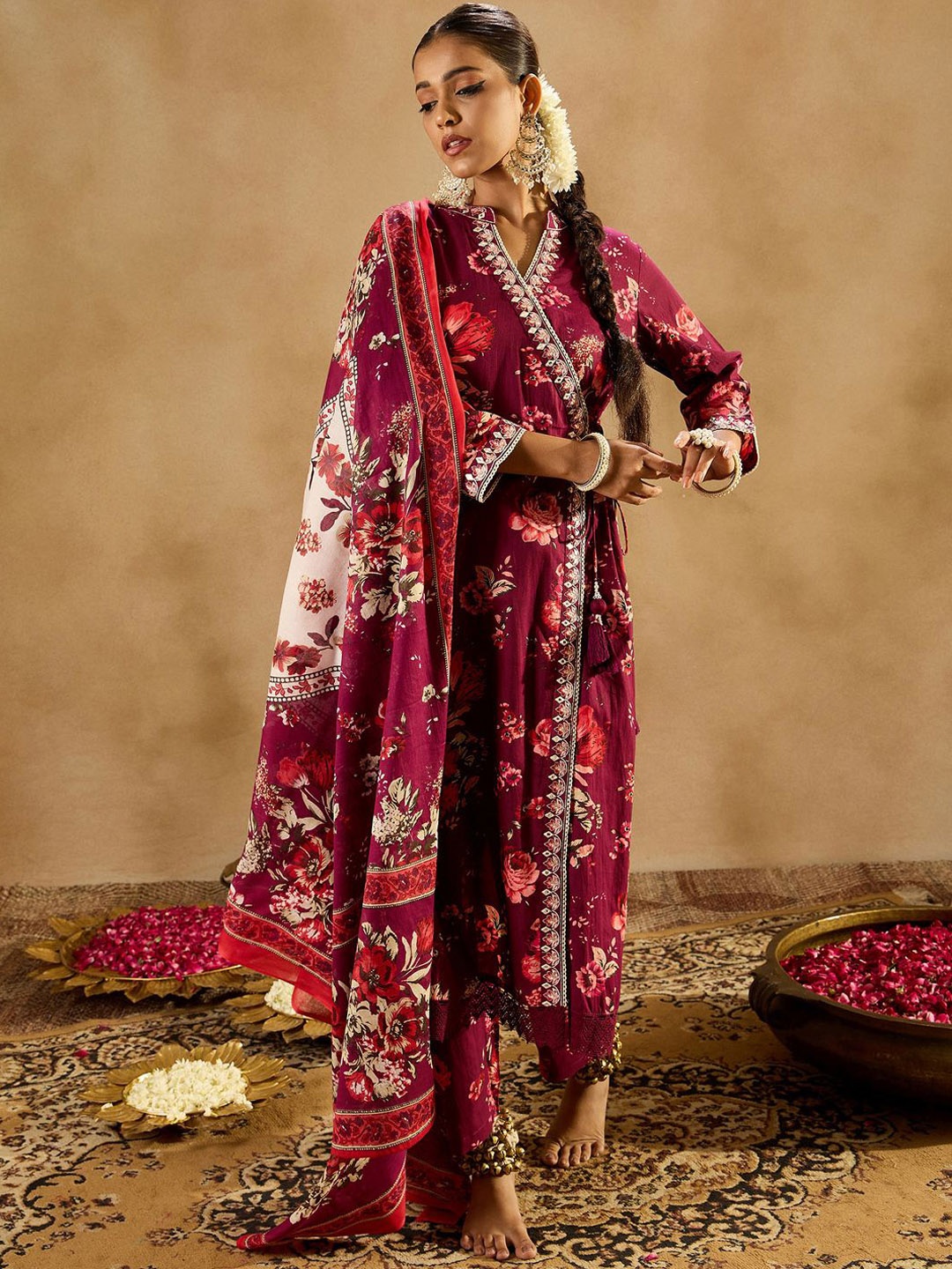 Indo Era Floral Printed Angrakha Mirror Work Pure Cotton Kurta With Trousers & Dupatta, Burgundy
Indo Era Floral Printed Angrakha Mirror Work Pure Cotton Kurta With Trousers & Dupatta, Burgundy