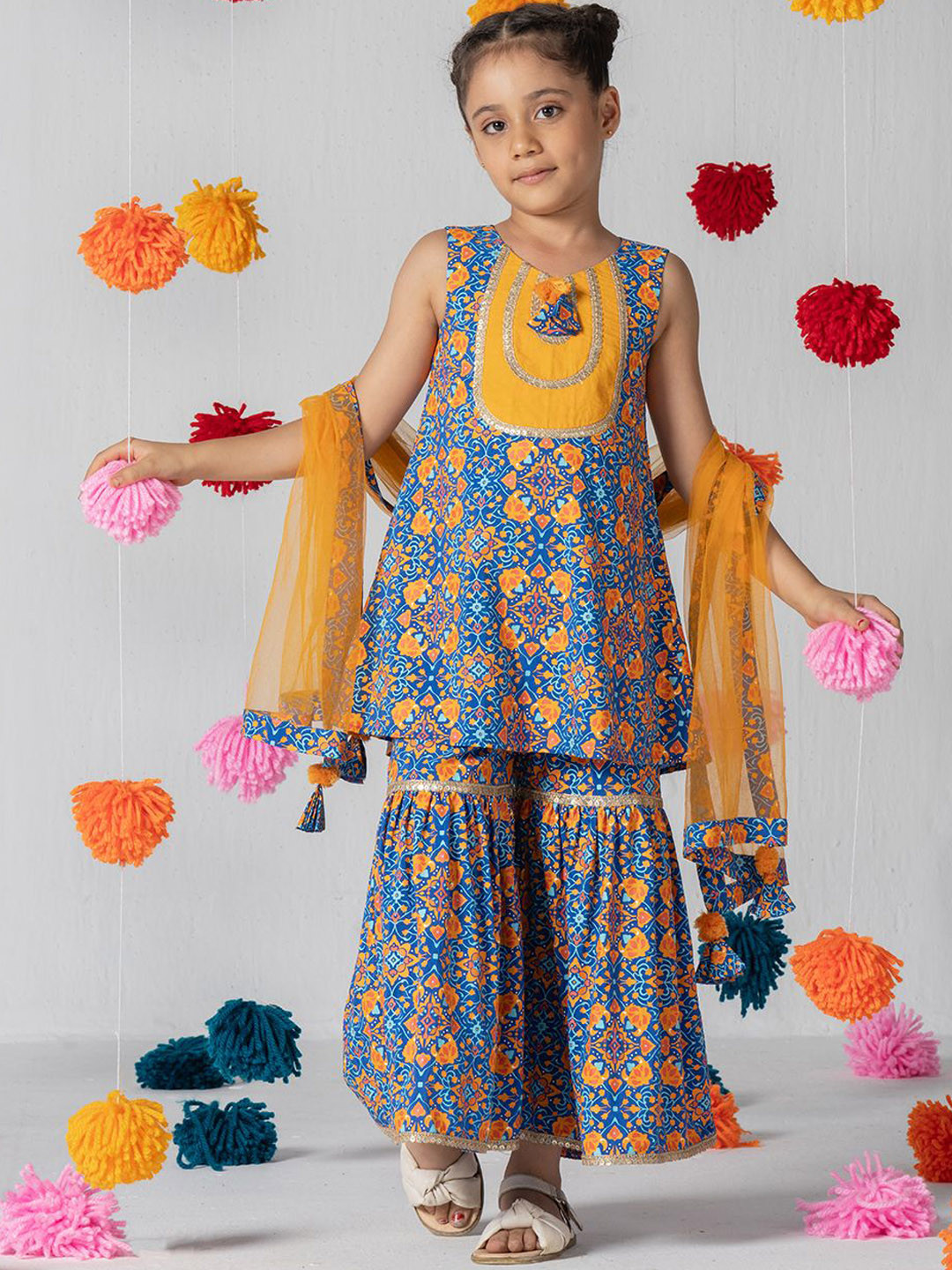 SPUNKIES Girls Printed Pure Cotton Kurta With Sharara & Dupatta, Blue 
SPUNKIES Girls Printed Pure Cotton Kurta With Sharara & Dupatta, Blue