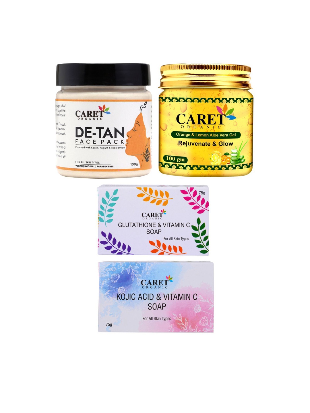 CARET ORGANIC Set of 4 Face Pack & Kojic Acid Soap & Glutathione Soap & Lemon Aloevera Gel, White
CARET ORGANIC Set of 4 Face Pack & Kojic Acid Soap & Glutathione Soap & Lemon Aloevera Gel, White