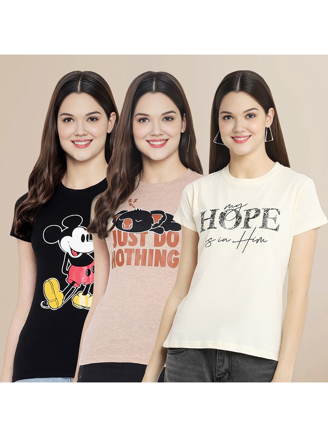 Metronaut Women Pack Of 3 Typography Printed Round Neck Cotton Mickey Mouse T-shirts, Off white
Metronaut Women Pack Of 3 Typography Printed Round Neck Cotton Mickey Mouse T-shirts, Off white