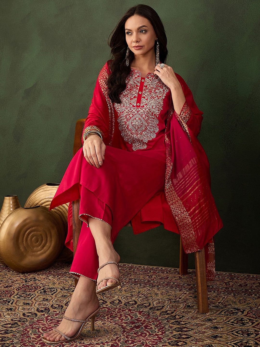 Sangria Red Floral Embroidered Three-Quarter Sleeves Straight Kurta & Trouser With Dupatta
Sangria Red Floral Embroidered Three-Quarter Sleeves Straight Kurta & Trouser With Dupatta