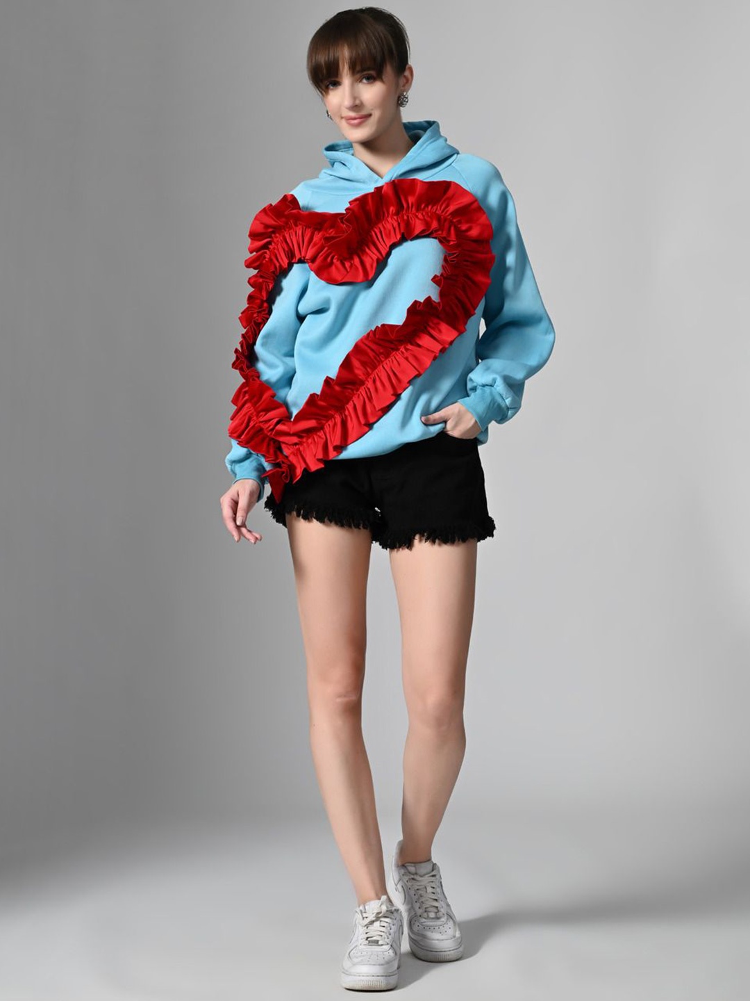 PANKH Women Ruffled Heart Appliqued Cotton Hooded Neck Full Sleeves Pullover Hoodie, Blue
PANKH Women Ruffled Heart Appliqued Cotton Hooded Neck Full Sleeves Pullover Hoodie, Blue