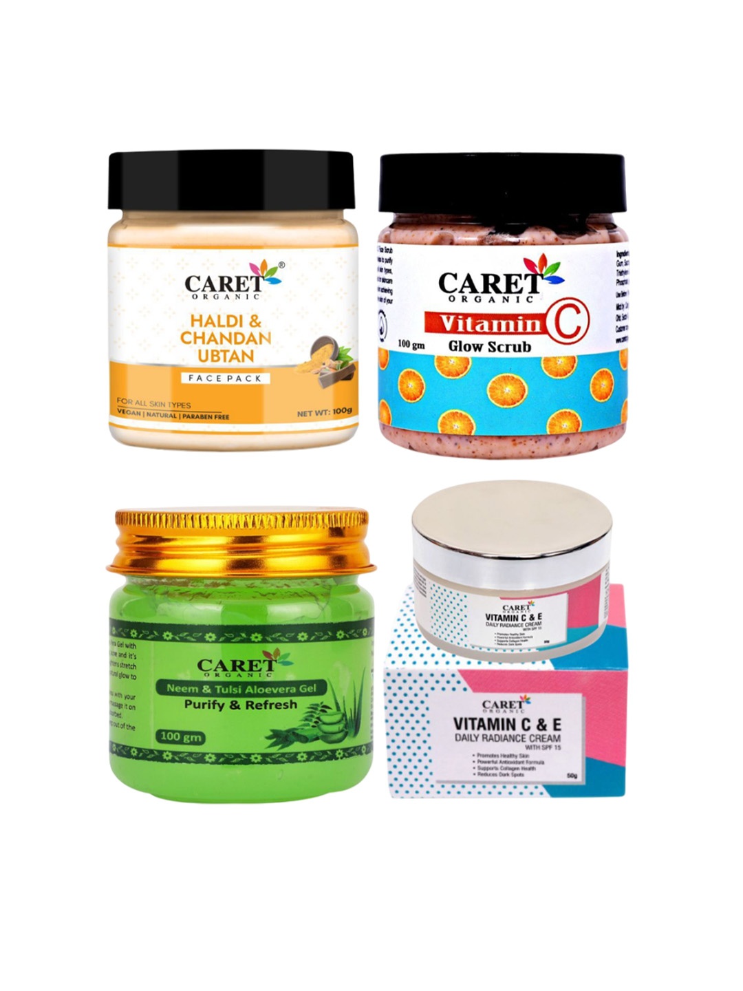 CARET ORGANIC Set Of 4 Chandan Face Pack, Neem Gel & Vitamin C Scrub & Daily Cream, White
CARET ORGANIC Set Of 4 Chandan Face Pack, Neem Gel & Vitamin C Scrub & Daily Cream, White