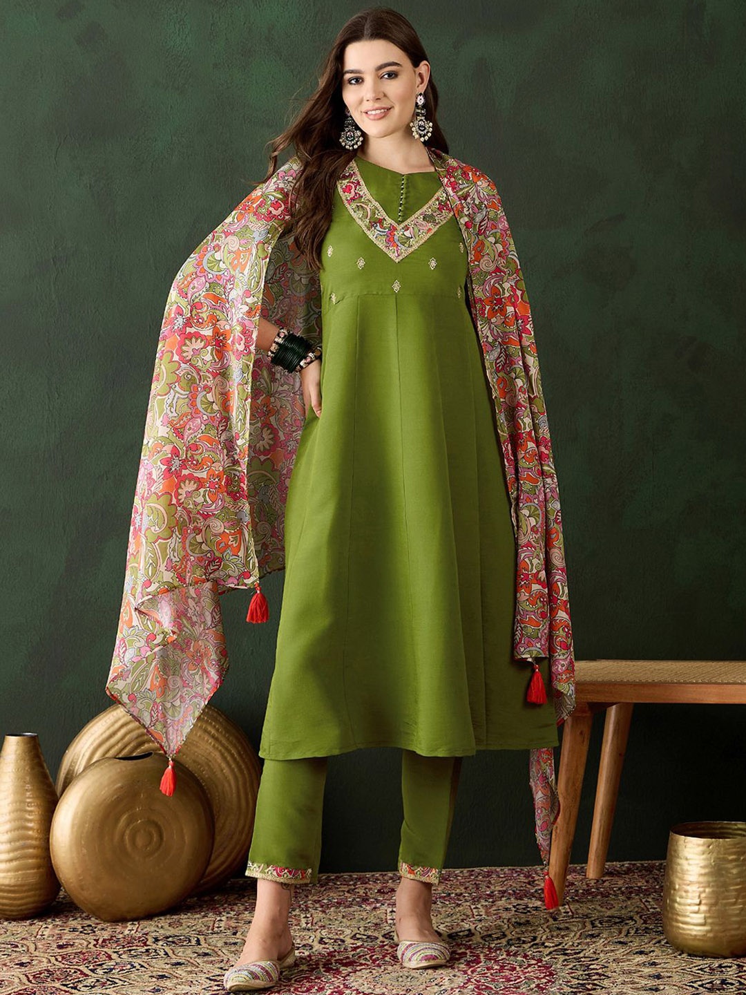 Sangria Floral Yoke Design Sequinned & Zari A-Line Kurta With Trouser & Dupatta, Green
Sangria Floral Yoke Design Sequinned & Zari A-Line Kurta With Trouser & Dupatta, Green