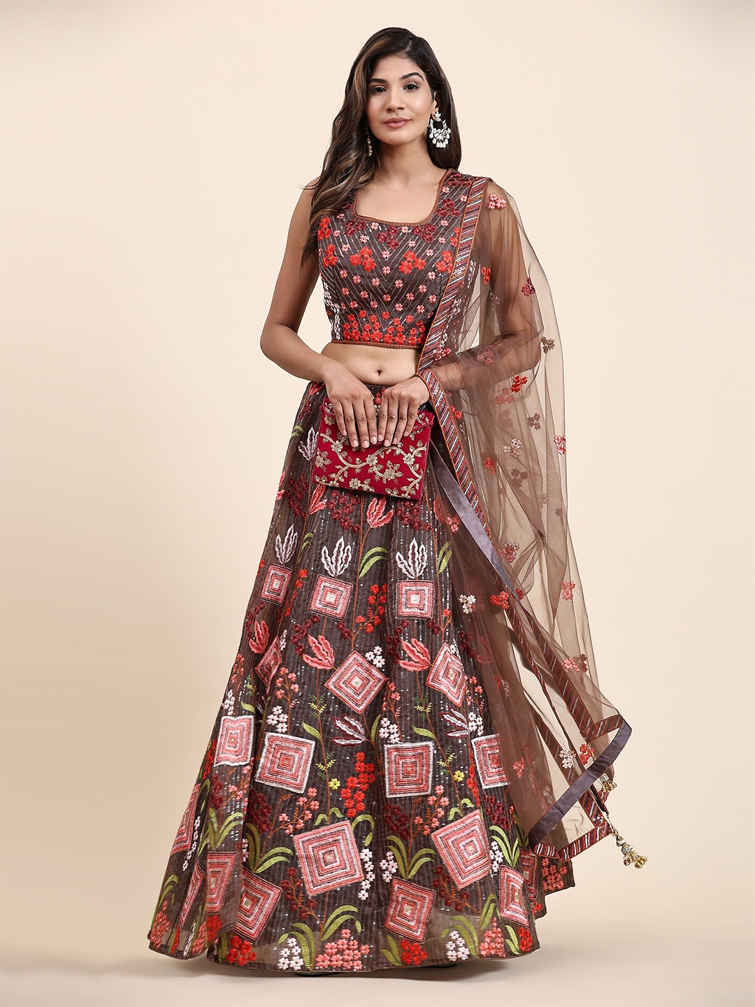 VANAKARA Embroidered Sequinned Organza Net Ready to Wear Lehenga & Blouse With Dupatta, Brown
VANAKARA Embroidered Sequinned Organza Net Ready to Wear Lehenga & Blouse With Dupatta, Brown