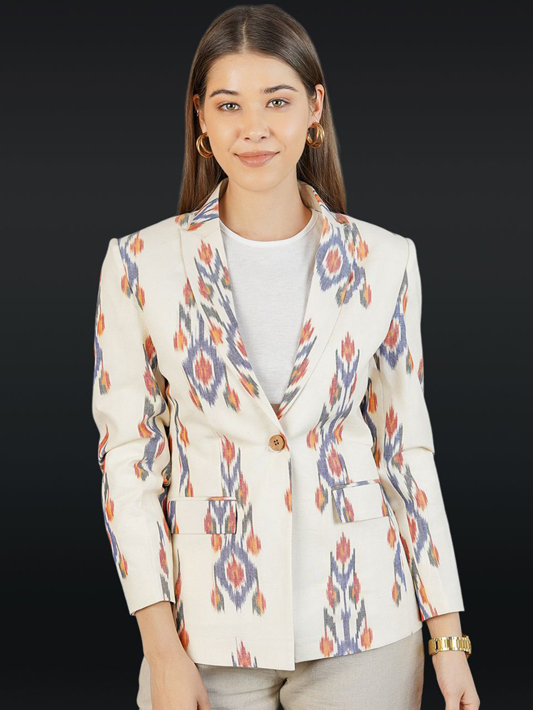 INDOPHILIA Ethnic Motifs Self Designed Notched Lapel Collar Cotton Single Breasted Blazer, White 
INDOPHILIA Ethnic Motifs Self Designed Notched Lapel Collar Cotton Single Breasted Blazer, White