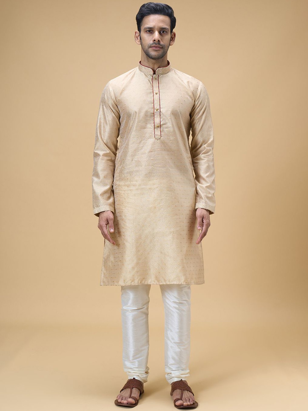 Arihant Rai Sinha Ethnic Motifs Woven Design Mandarin Collar Straight Kurta With Churidar, Beige
Arihant Rai Sinha Ethnic Motifs Woven Design Mandarin Collar Straight Kurta With Churidar, Beige