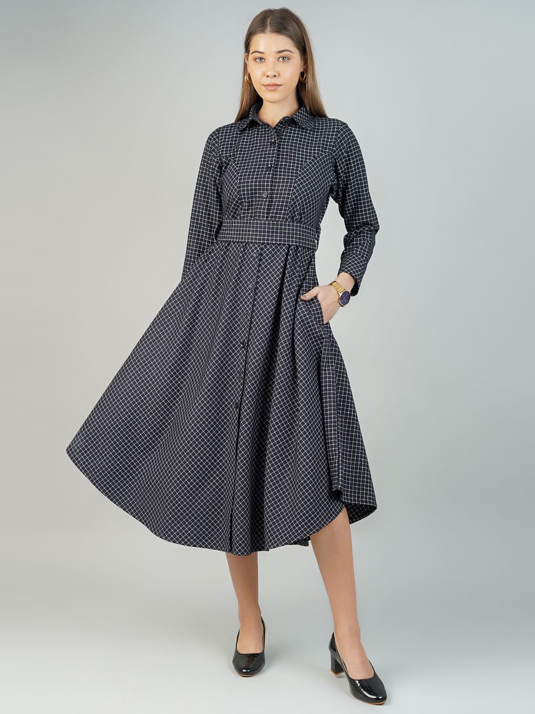 INDOPHILIA Cotton Checked Shirt Collar Cuffed Sleeves Shirt Midi Dress With Tie-Ups, Black
INDOPHILIA Cotton Checked Shirt Collar Cuffed Sleeves Shirt Midi Dress With Tie-Ups, Black