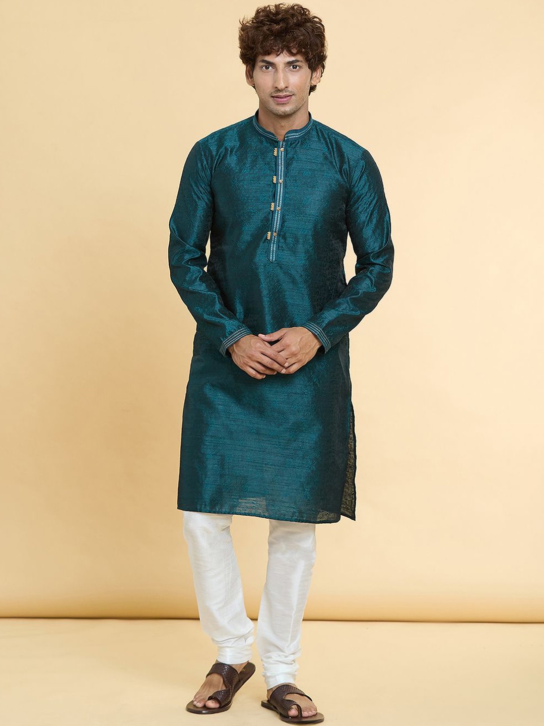 Arihant Rai Sinha Mandarin Collar Floral Woven Design Straight Kurta with Churidar, Teal
Arihant Rai Sinha Mandarin Collar Floral Woven Design Straight Kurta with Churidar, Teal