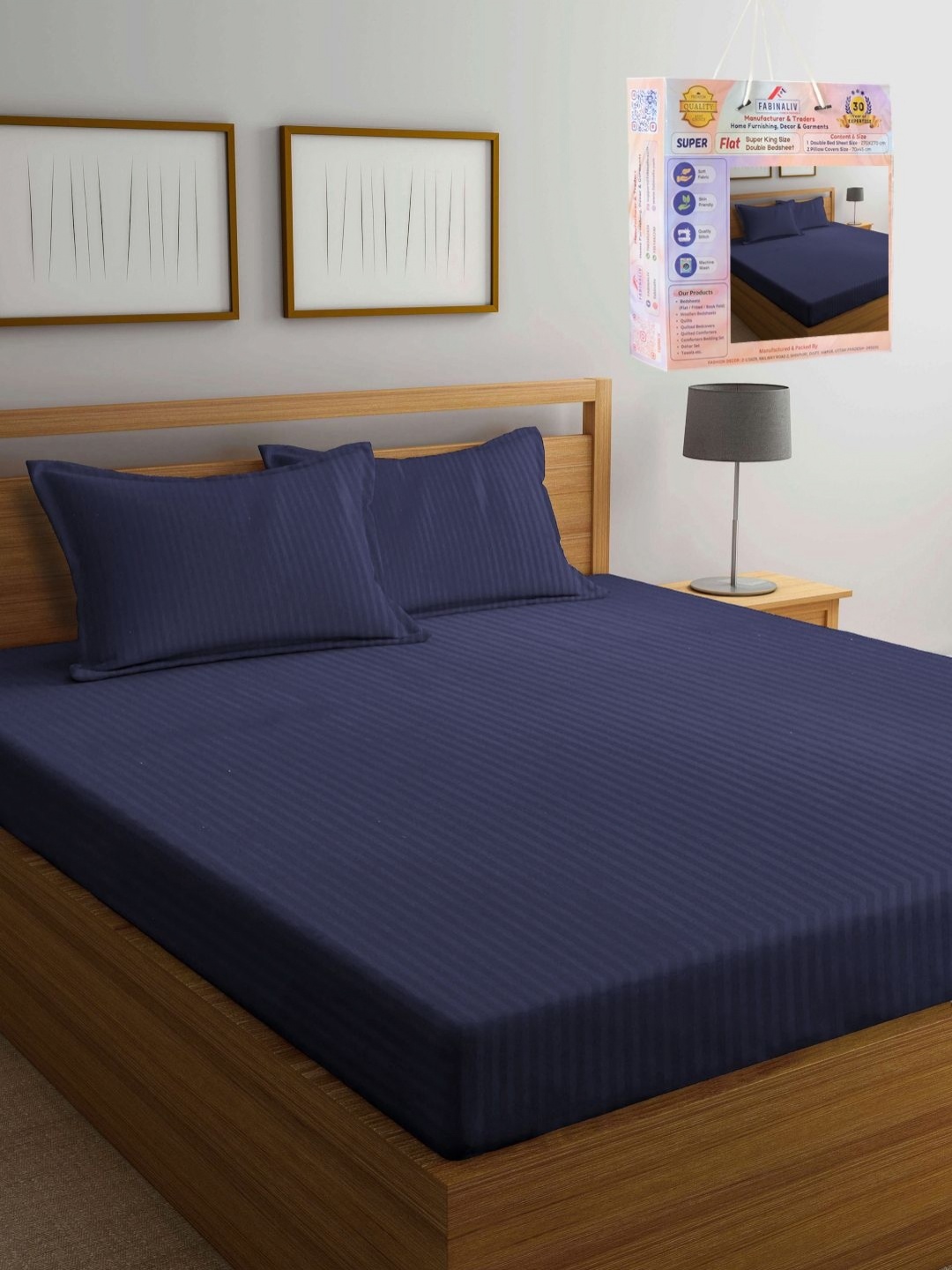 FABINALIV Navy Blue Striped 300 TC King Bedsheet with 2 Pillow Covers 2.70 m x 2.70 m
FABINALIV Navy Blue Striped 300 TC King Bedsheet with 2 Pillow Covers 2.70 m x 2.70 m