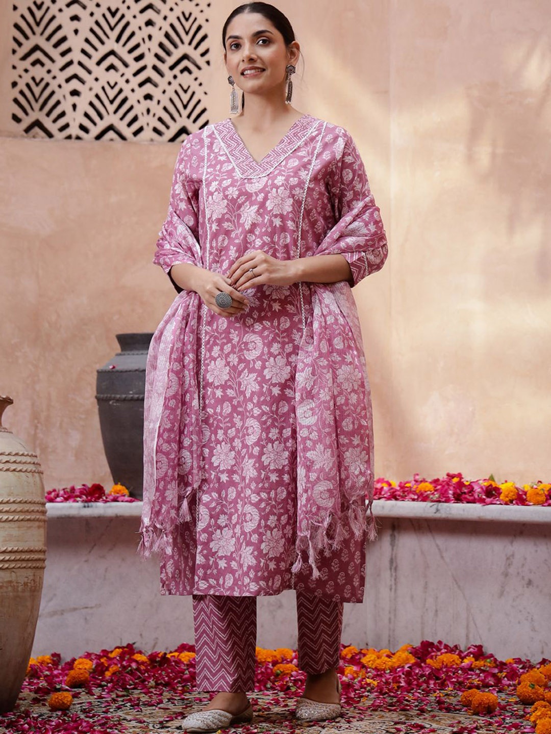 RangDeep V-Neck Floral Printed Thread Work Pure Cotton A-Line Kurta with Trouser & Dupatta, Mauve
RangDeep V-Neck Floral Printed Thread Work Pure Cotton A-Line Kurta with Trouser & Dupatta, Mauve