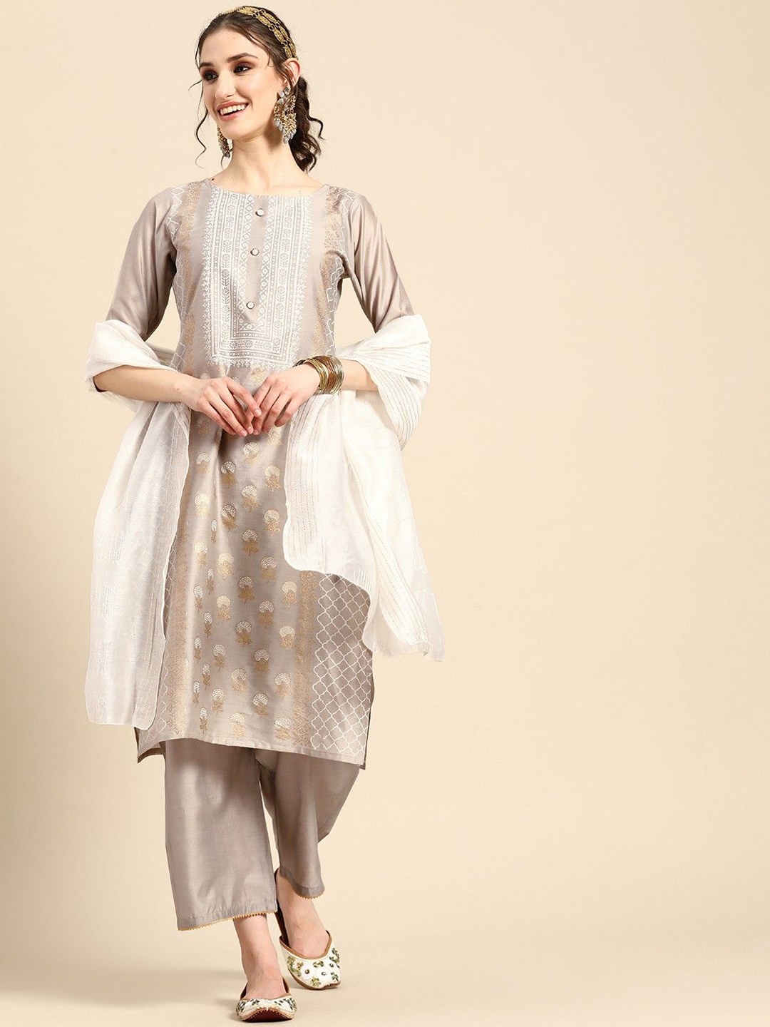 SAHASIKA Ethnic Motifs Printed Chanderi Cotton Straight Kurta with Trousers & Dupatta, Grey
SAHASIKA Ethnic Motifs Printed Chanderi Cotton Straight Kurta with Trousers & Dupatta, Grey