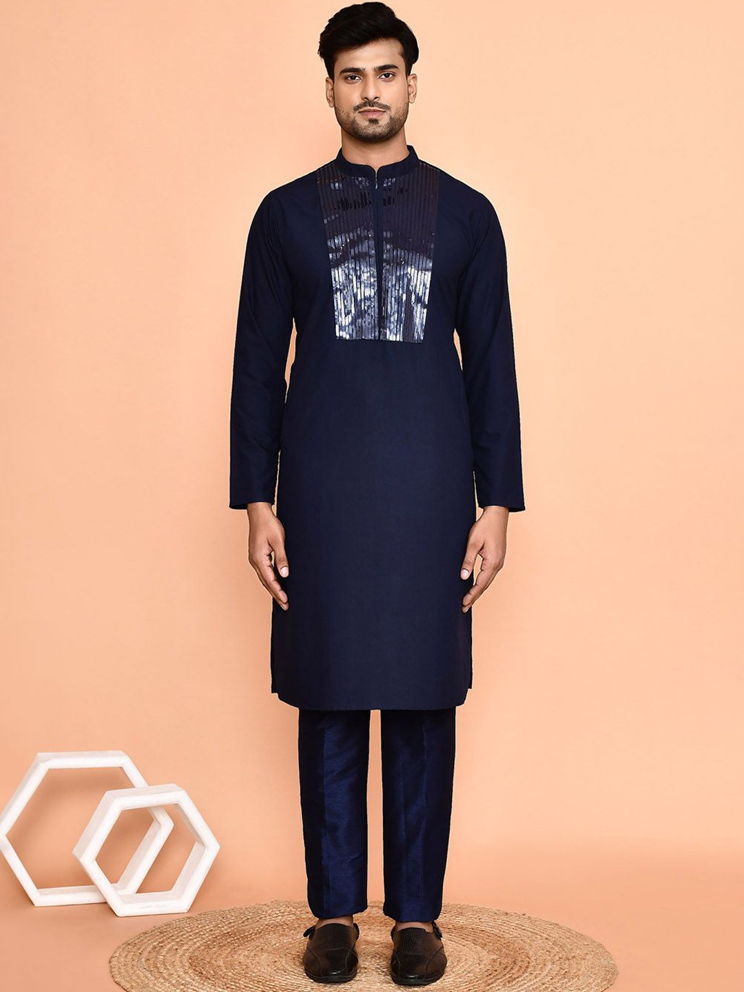 Arihant Rai Sinha Mandarin Collar Yoke Design Sequinned Straight Kurta with Trousers, Navy blue
Arihant Rai Sinha Mandarin Collar Yoke Design Sequinned Straight Kurta with Trousers, Navy blue