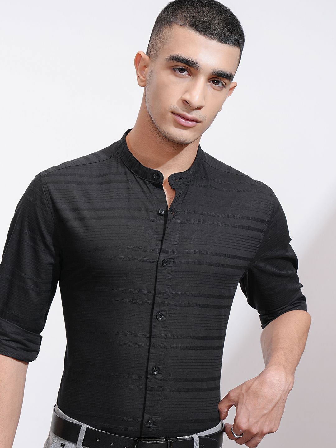 Highlander Men Dobby Textured Striped Mandarin Collar Casual Regular Fit Shirt, Black
Highlander Men Dobby Textured Striped Mandarin Collar Casual Regular Fit Shirt, Black