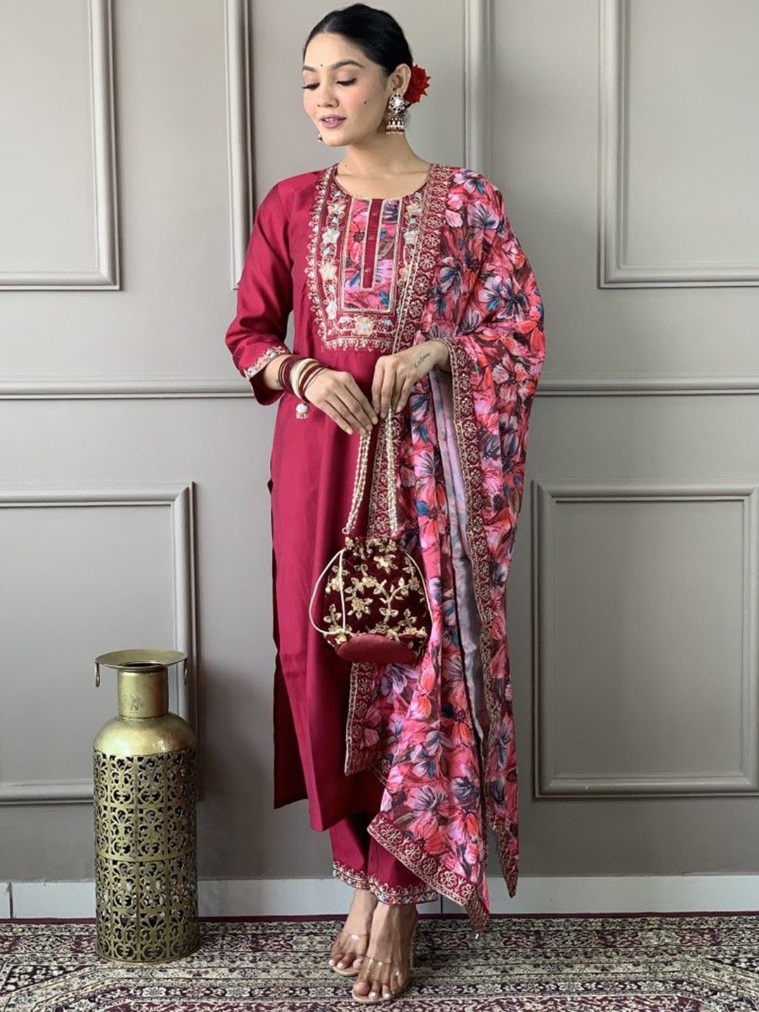 TWINS LADY Floral Yoke Design Thread Work Chanderi Silk Kurta with Trousers & Dupatta, Burgundy
TWINS LADY Floral Yoke Design Thread Work Chanderi Silk Kurta with Trousers & Dupatta, Burgundy