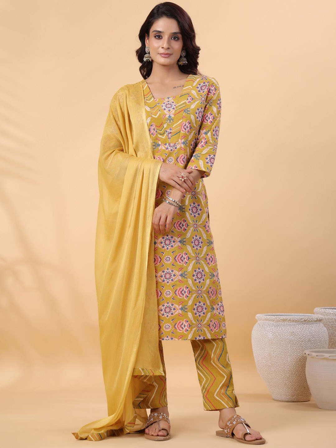 KALINI Square Neck Floral Printed Pure Cotton Straight Kurta with Trouser & Dupatta, Mustard
KALINI Square Neck Floral Printed Pure Cotton Straight Kurta with Trouser & Dupatta, Mustard