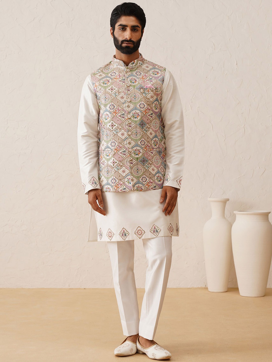 Denis Parkar Mandarin Collar Beads and Stones Straight Kurta With Pyjama & Waistcoat, White
Denis Parkar Mandarin Collar Beads and Stones Straight Kurta With Pyjama & Waistcoat, White