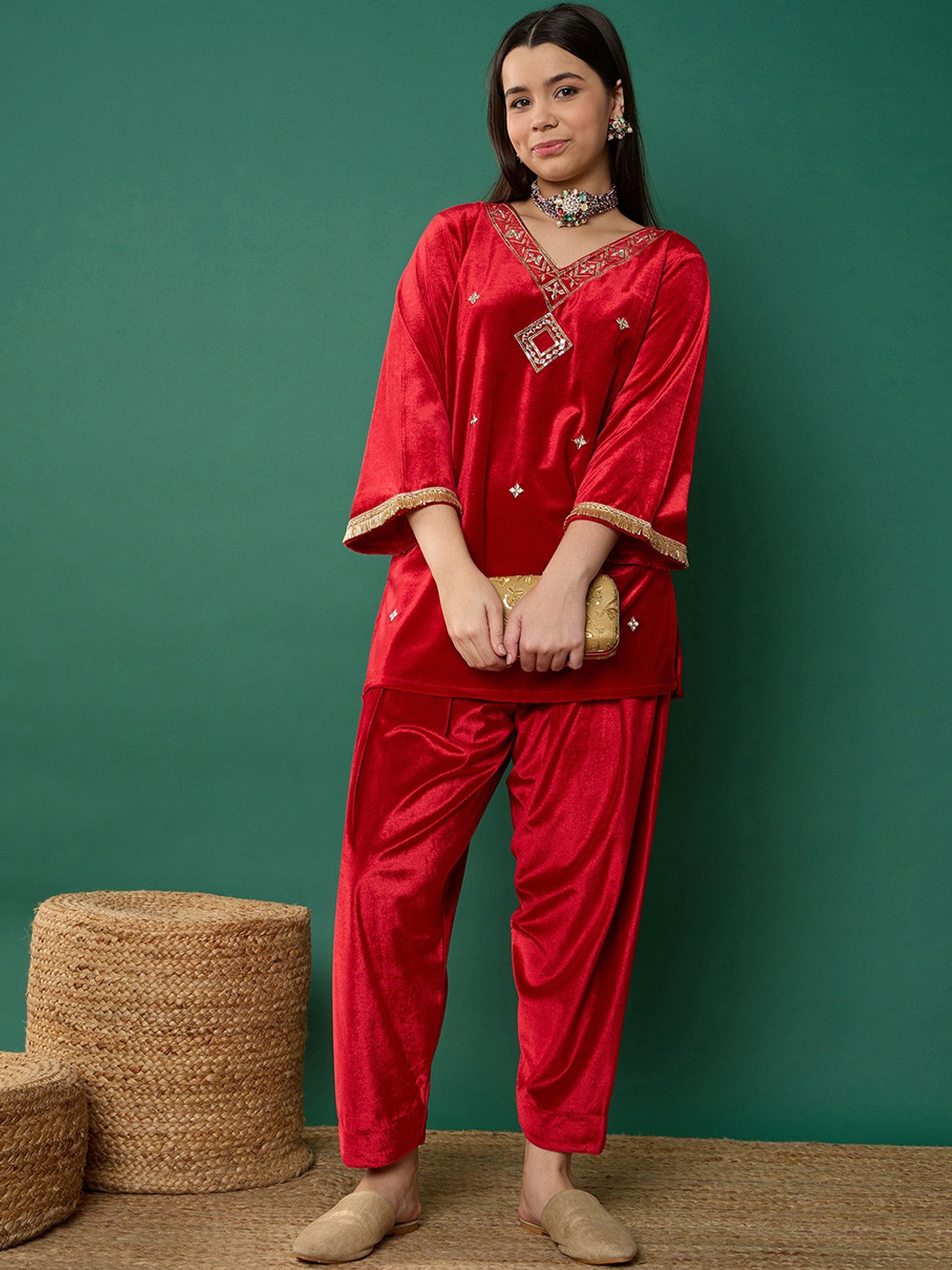 Noh.Voh - SASSAFRAS Kids Girls Geometric Embroidered Mirror Work Velvet Kurti With Trouser, Red
Noh.Voh - SASSAFRAS Kids Girls Geometric Embroidered Mirror Work Velvet Kurti With Trouser, Red