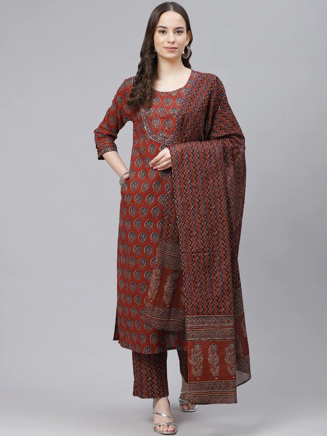 KALINI Ethnic Motifs Printed Round Neck Gotta Patti Straight Kurta With Trousers & Dupatta, Rust
KALINI Ethnic Motifs Printed Round Neck Gotta Patti Straight Kurta With Trousers & Dupatta, Rust